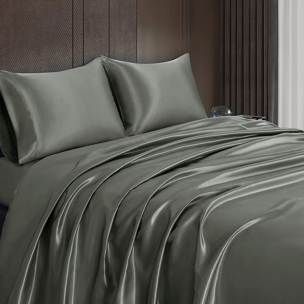 Homiest 4Pcs Satin Sheets Set Luxury Silky Satin Bedding Set With Deep Pocket, 1 Fitted Sheet + 1 Flat Sheet + 2 Pillowcases (King Size, Dark Grey)