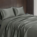 Homiest 4Pcs Satin Sheets Set Luxury Silky Satin Bedding Set With Deep Pocket, 1 Fitted Sheet + 1 Flat Sheet + 2 Pillowcases (King Size, Dark Grey)