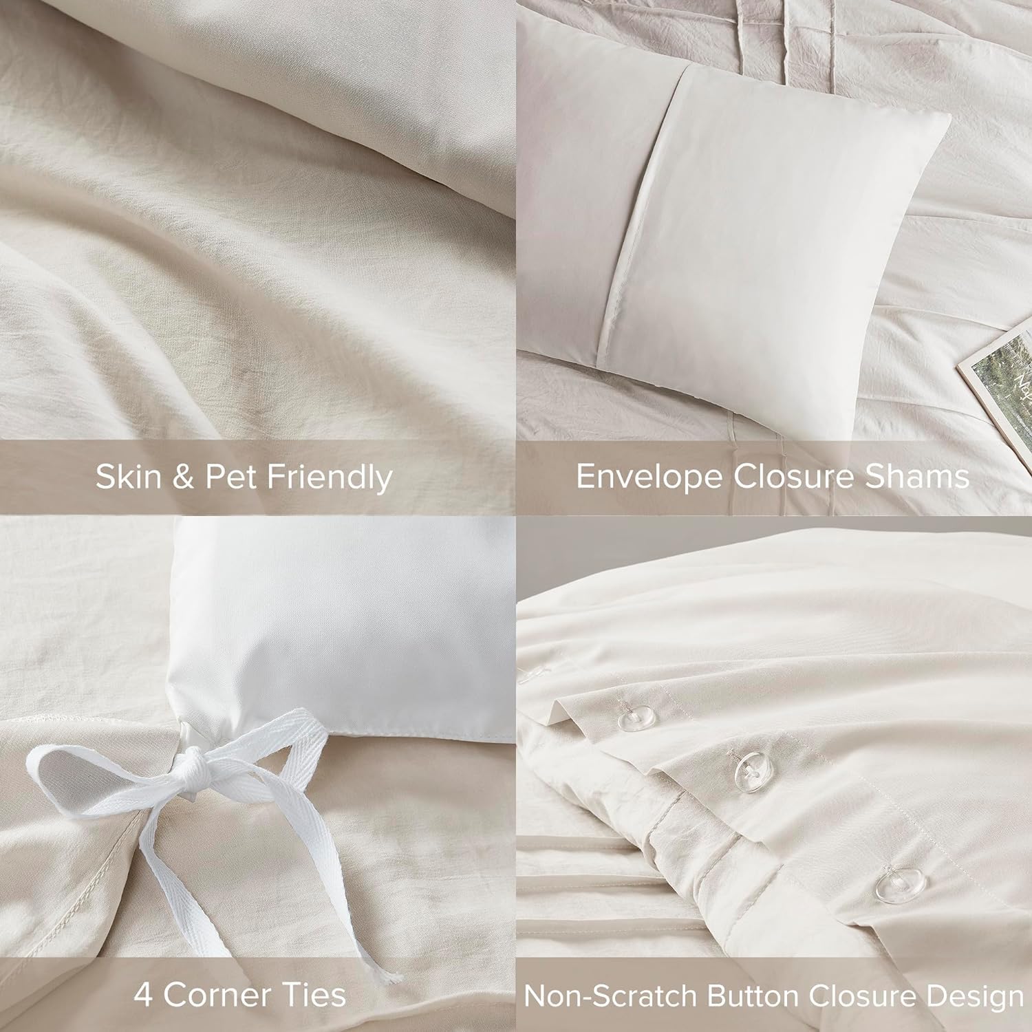 Comfort Spaces Cream Queen Size Duvet Cover Set - 3 Pieces Pintuck Pleated Duvet Cover Queen, All Season Lightweight, Extra Softness Pre-Washed Microfiber Queen Bedding Cover Shams, Full/Queen