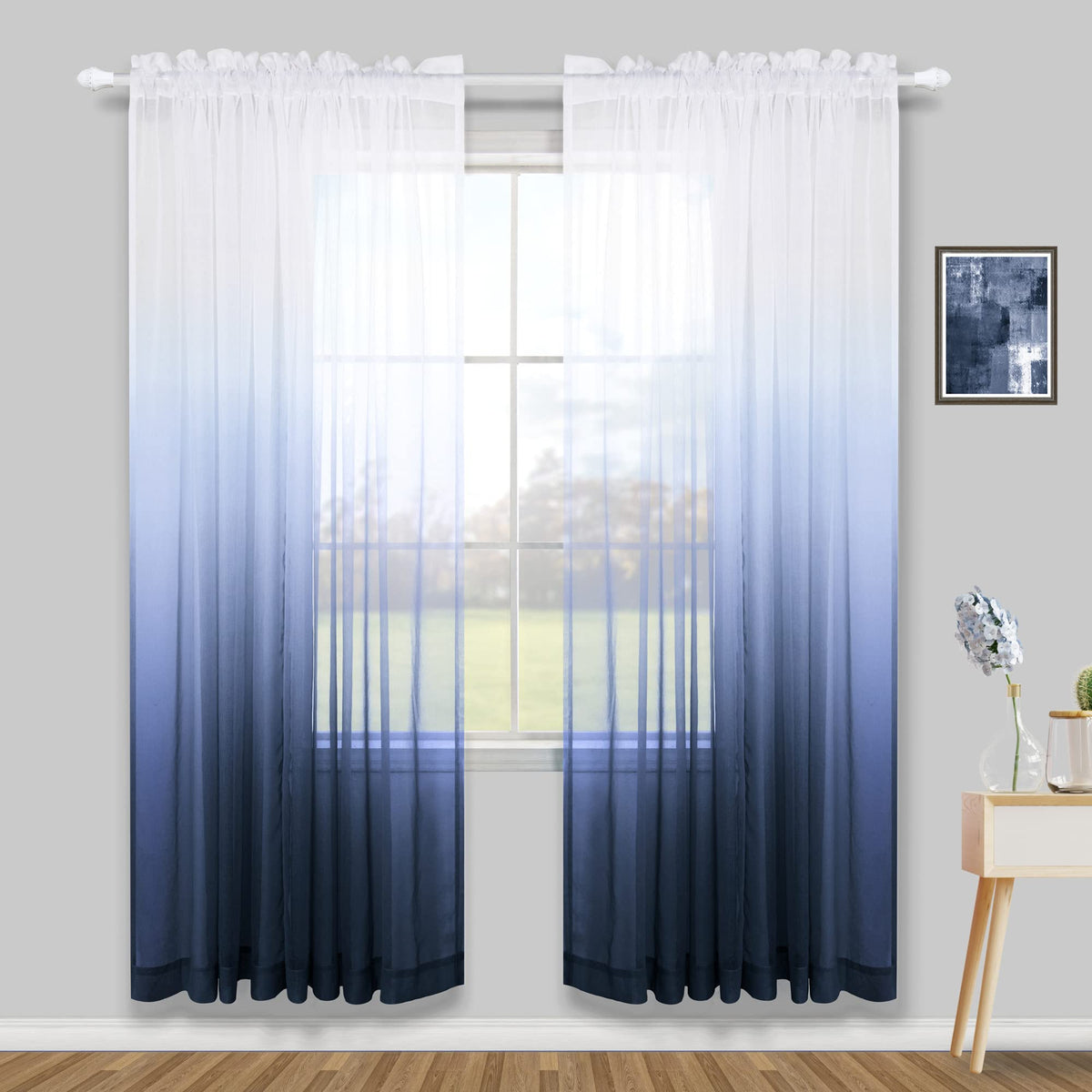 Navy And White Curtains For Living Room Set 2 Panels Rod Pocket Window Ombre Coastal Sheer Curtains For Bedroom Masculine Man'S