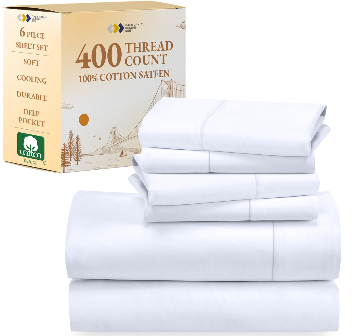 California Design Den 6-Pc Queen Size Sheet Set With 4 Pillowcases - 400 Thread Count 100% Cotton Sheets, Cooling Sateen Weave,