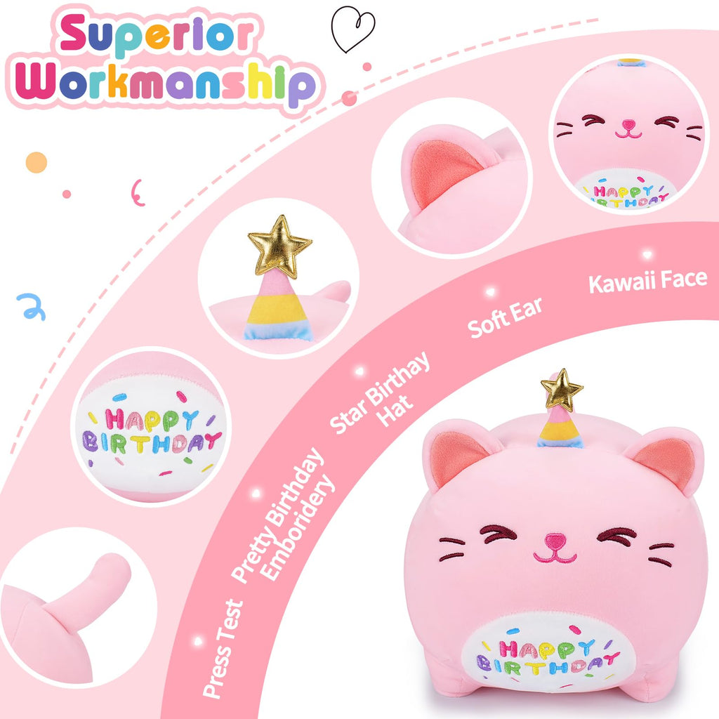 Pink Birthday Cat Plush Stuffed Animals-Gifts For Girlfriend, 16' Pink Cat Plush, Kawaii Plushies Cat Body Pillow Cat Plushie,