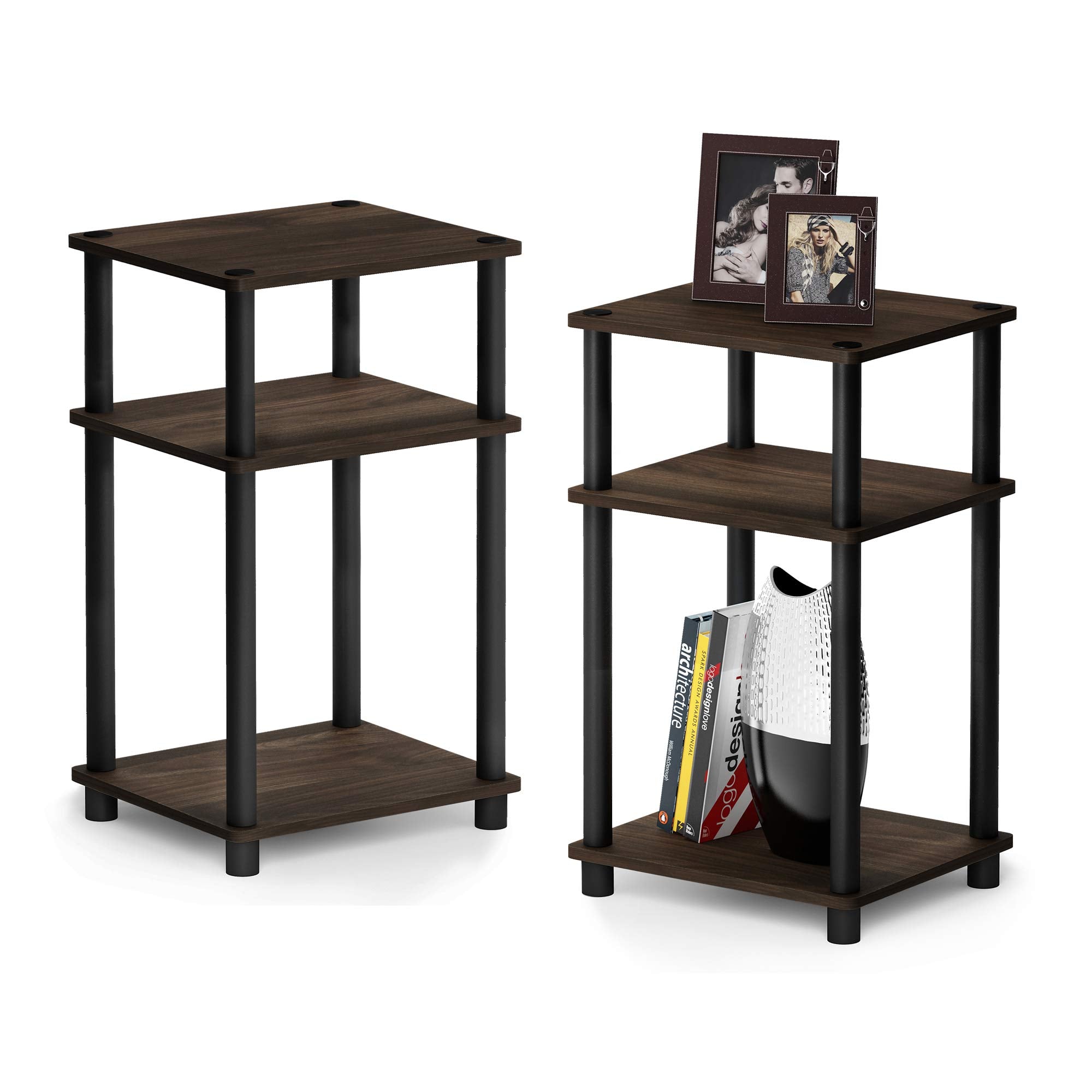 Furinno Just 3-Tier Turn-N-Tube End Table / Side Table / Night Stand / Bedside Table with Plastic Poles, 2-Pack, Columbia Walnut/Black