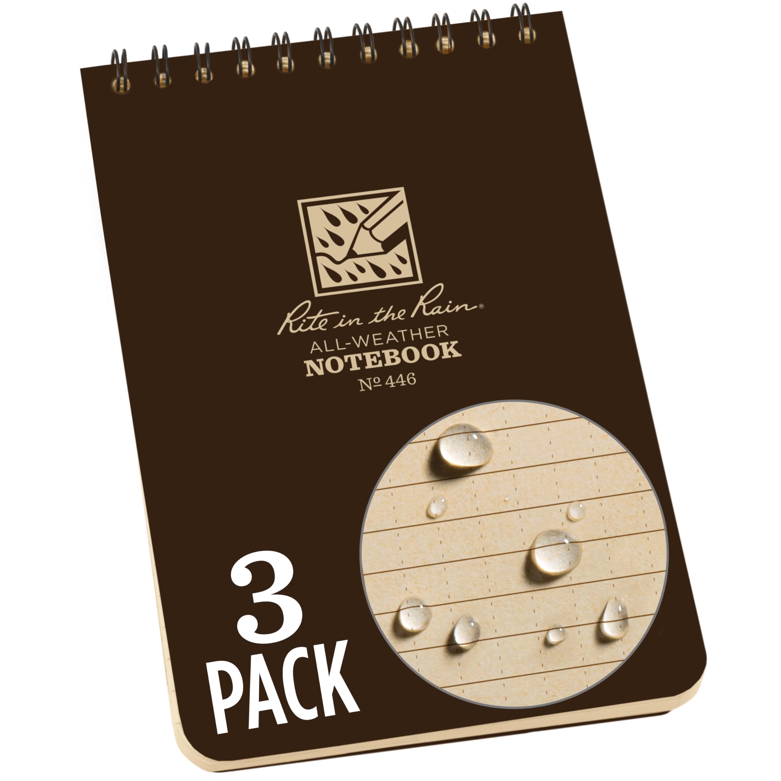 Rite In The Rain Weatherproof Top-Spiral Notebook, 4' X 6', Brown Cover, Universal Pattern, 3 Pack (No. 446-3)