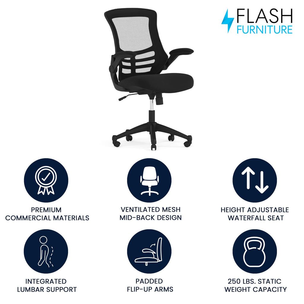 Flash Furniture Kelista Mid-Back Black Mesh Swivel Ergonomic Task Office Chair with Flip-Up Arms