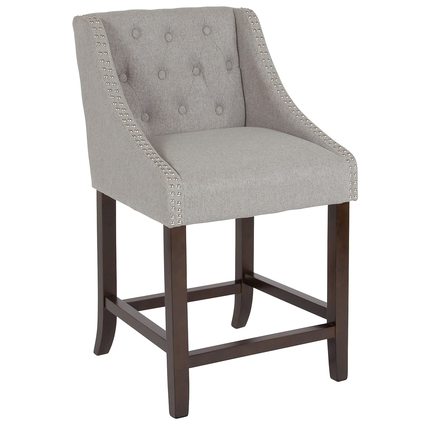 Flash Furniture Carmel Series 24' High Transitional Tufted Walnut Counter Height Stool With Accent Nail Trim In Light Gray Fabric