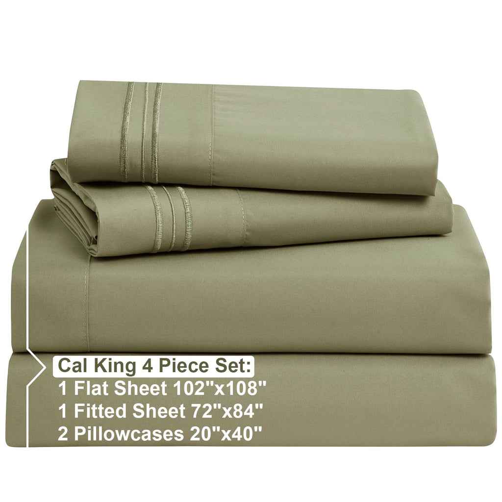 Nestl Cal King Sheets Set - 4 Piece California King Sheets, Double Brushed Cal King Sheet Set, Hotel Luxury Bed Sheets California King Size, Sage Green Cal King Bed Sheets