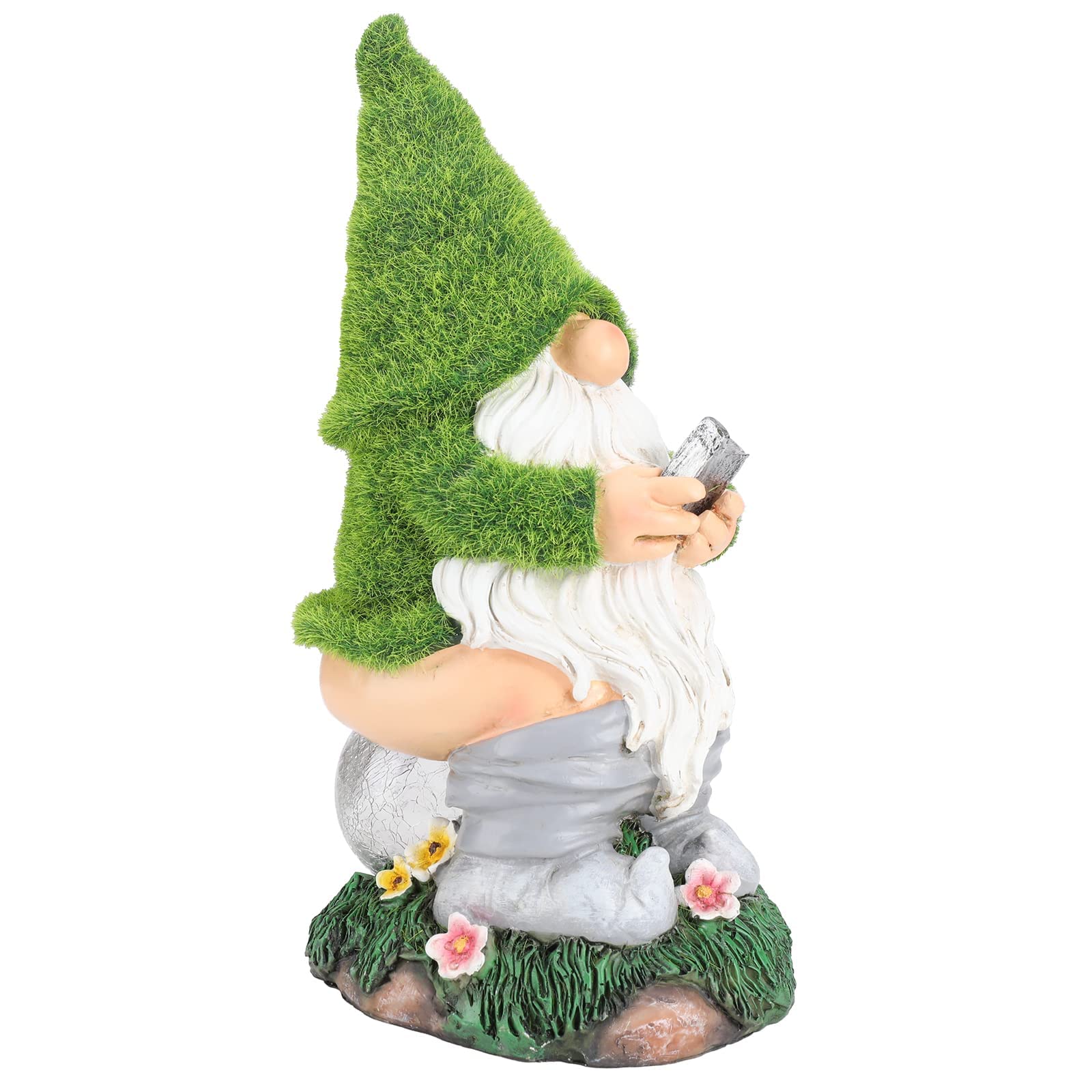 Ovewios Garden Gnome Statues - Resin Gnome Figurine Sitting On Solar Crackle Glass Globe Lights, Funny Garden Gnome Ornament For
