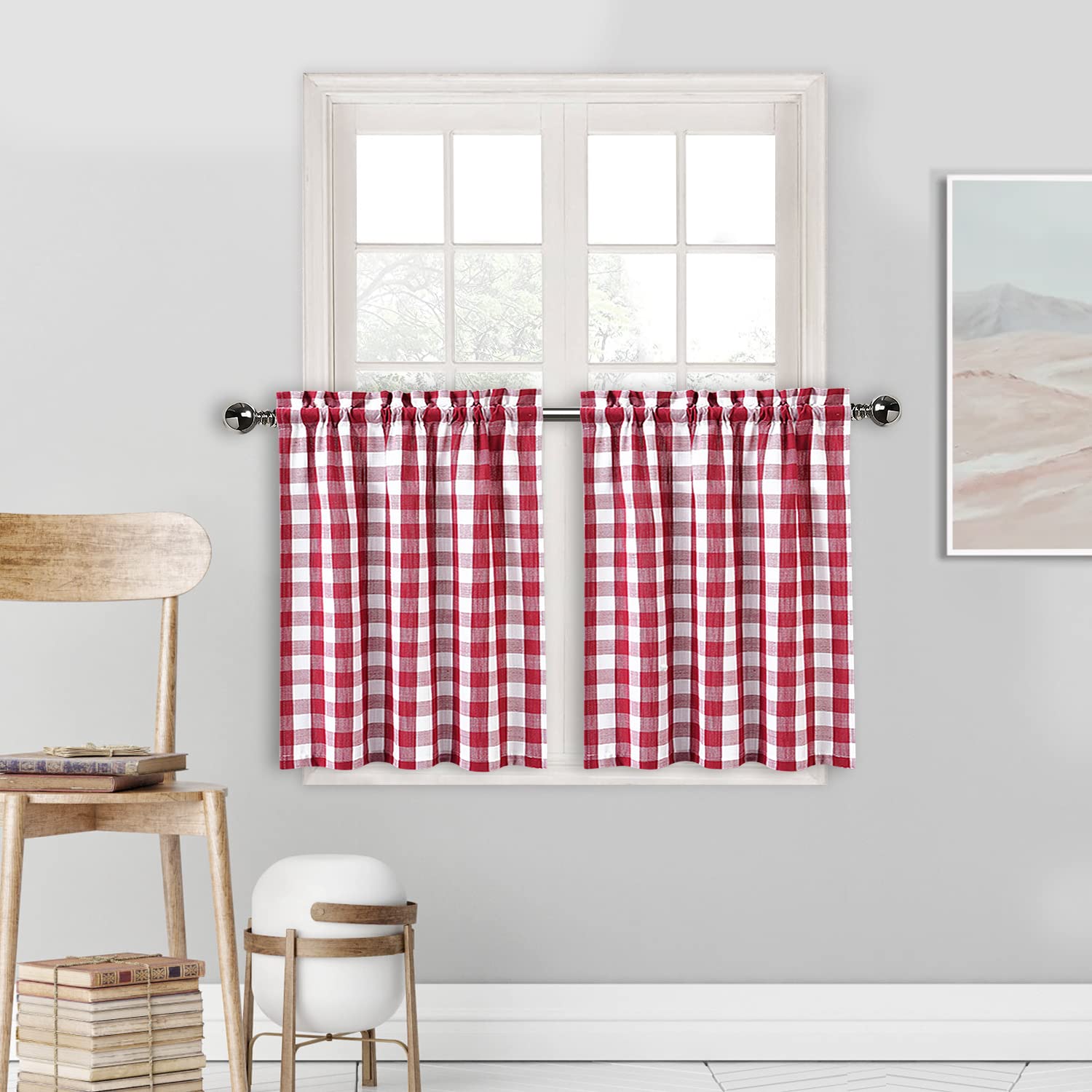 Amzdecor Red Buffalo Check Tier Curtains for Kitchen, Thick Yarn Dyed Buffalo Plaid Rod Pocket Bathroom Curtain, Short Kitchen W