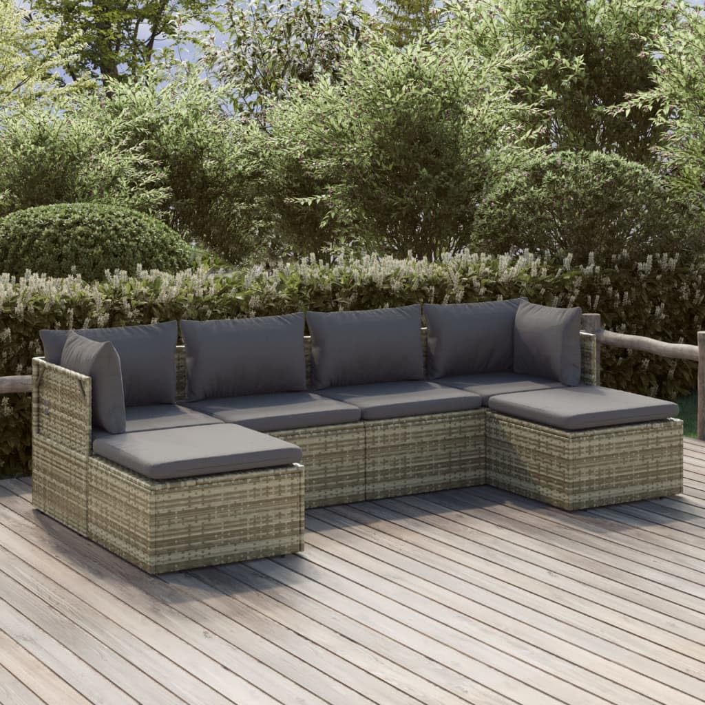 vidaXL 6-Piece Modern Patio Lounge Set with Extra Cushions and Pillows – Gray Poly Rattan Outdoor Furniture with Waterproof Cover & Secure Storage Space.