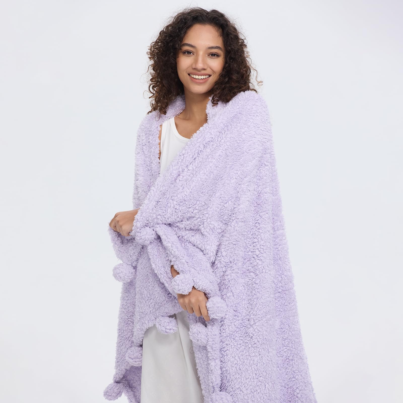 Horimote Home Ultra Soft Cozy Sherpa Throw Blanket With Pompom Fringe, Light Weight Warm Decorative Boho Style Plush Throw Blank