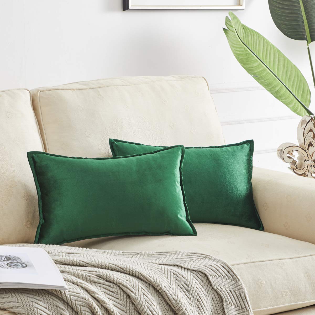 Gigizaza Green Velvet Decorative Lumbar Throw Pillow Covers 12X20 Oblong Couch Sofa Pillow Covers,Pack Of 2