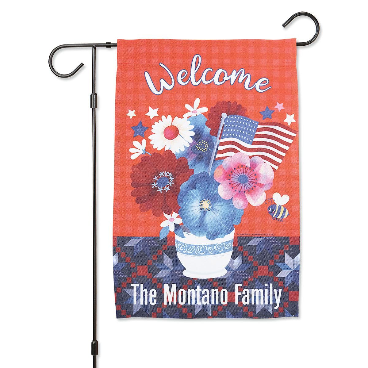 Current Personalized Patriotic Floral Garden Flag - 1 Family Name, Custom, Single-Sided, Weather Resistant, Fall Outdoor Flag