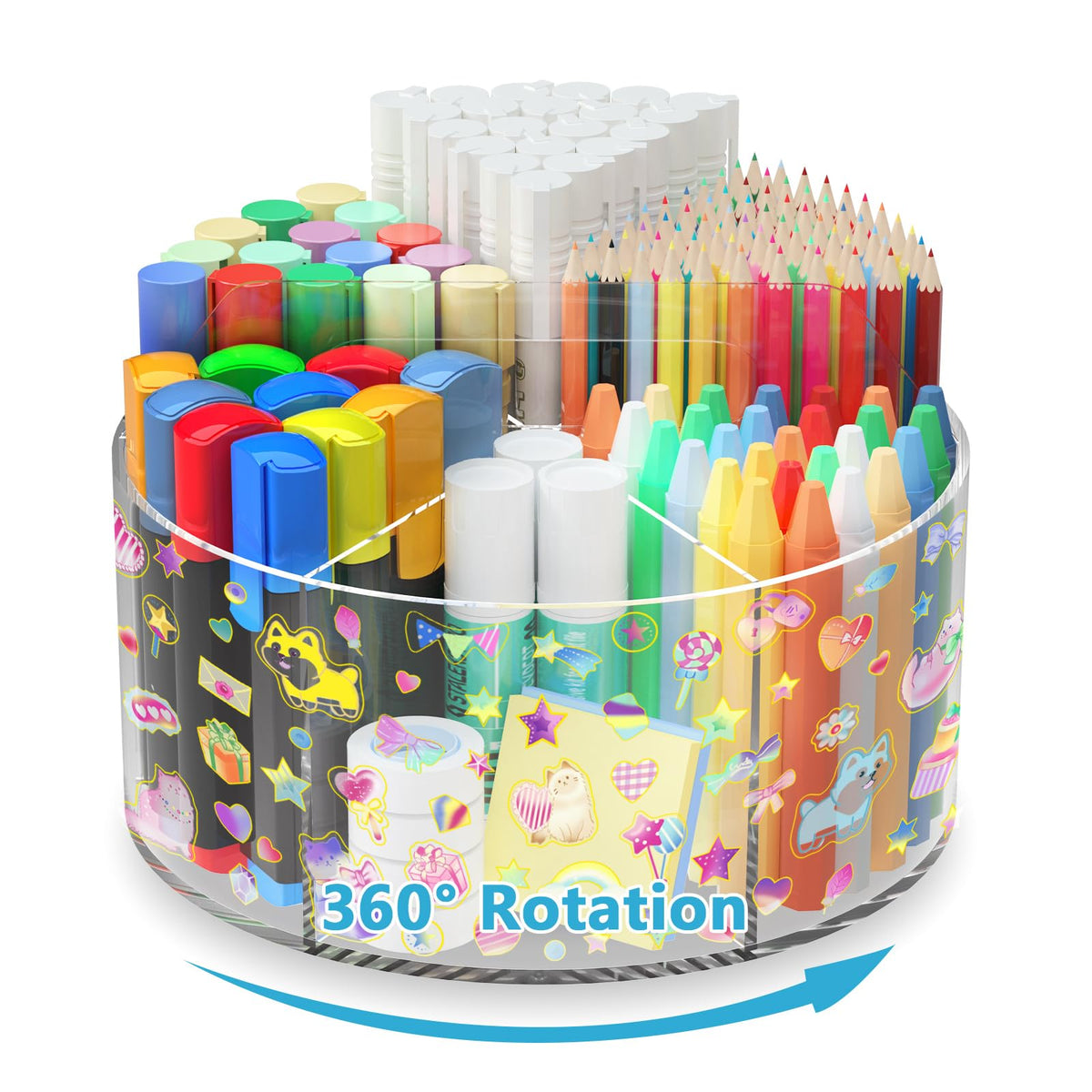 Acrylic Pen Holder With 2 Adhesive Diy Stickers, Desk Organizer Marker Holder With Cute Sticker, 360 Degree Office Supply Organi