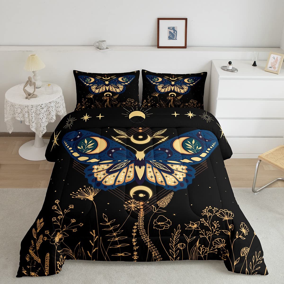 Erosebridal Butterfly Bedding Set Full, Halloween Boho Moth Comforter Set for Adult Women Men 3Pcs,Black Starry Sky Down Comfort