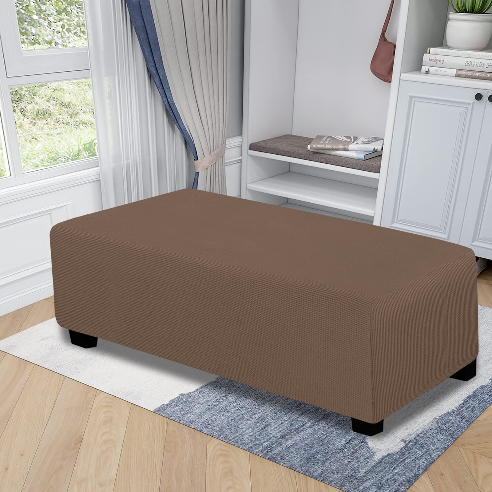 Easy-Going Stretch Ottoman Cover Folding Storage Stool Furniture Protector Soft Rectangle Slipcover With Elastic Bottom (Ottoman Xx-Large, Brown)