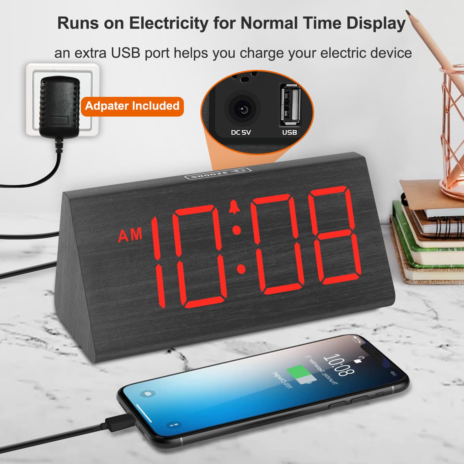 Dreamsky Wooden Digital Alarm Clocks For Bedrooms - Electric Desk Clock With Large Red Numbers, Usb Port, Battery Backup Alarm,