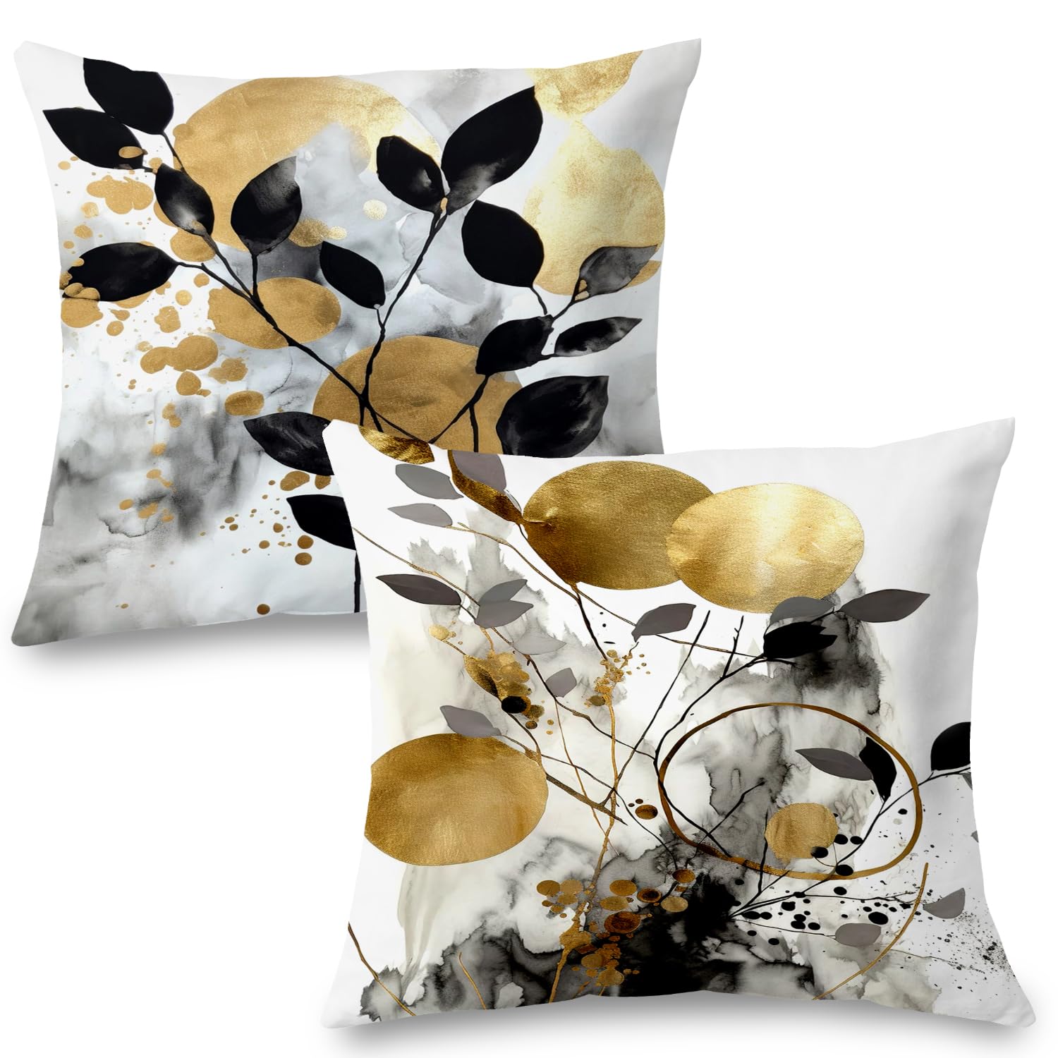 Supwhd Black And Gold Botanical Pillow Covers 20X20 Set Of 2, Abstract Modern Decorative Throw Pillow Covers For Living Room Bed