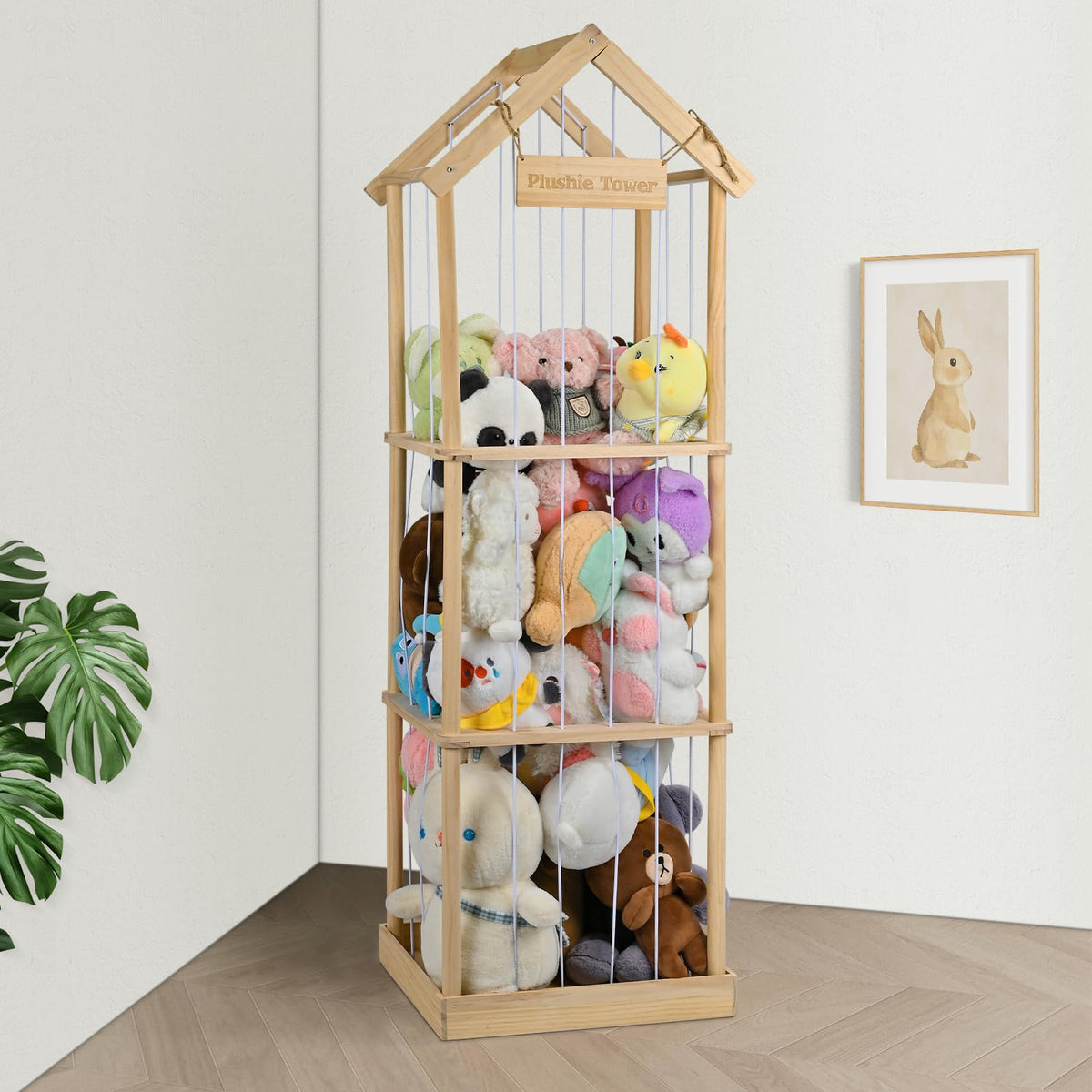 Ocerave Stuffed Animal Storage, Vertical Stuffed Animal Holder With Thicker Elastic Band, Solid Wood Plushies Storage Decoration