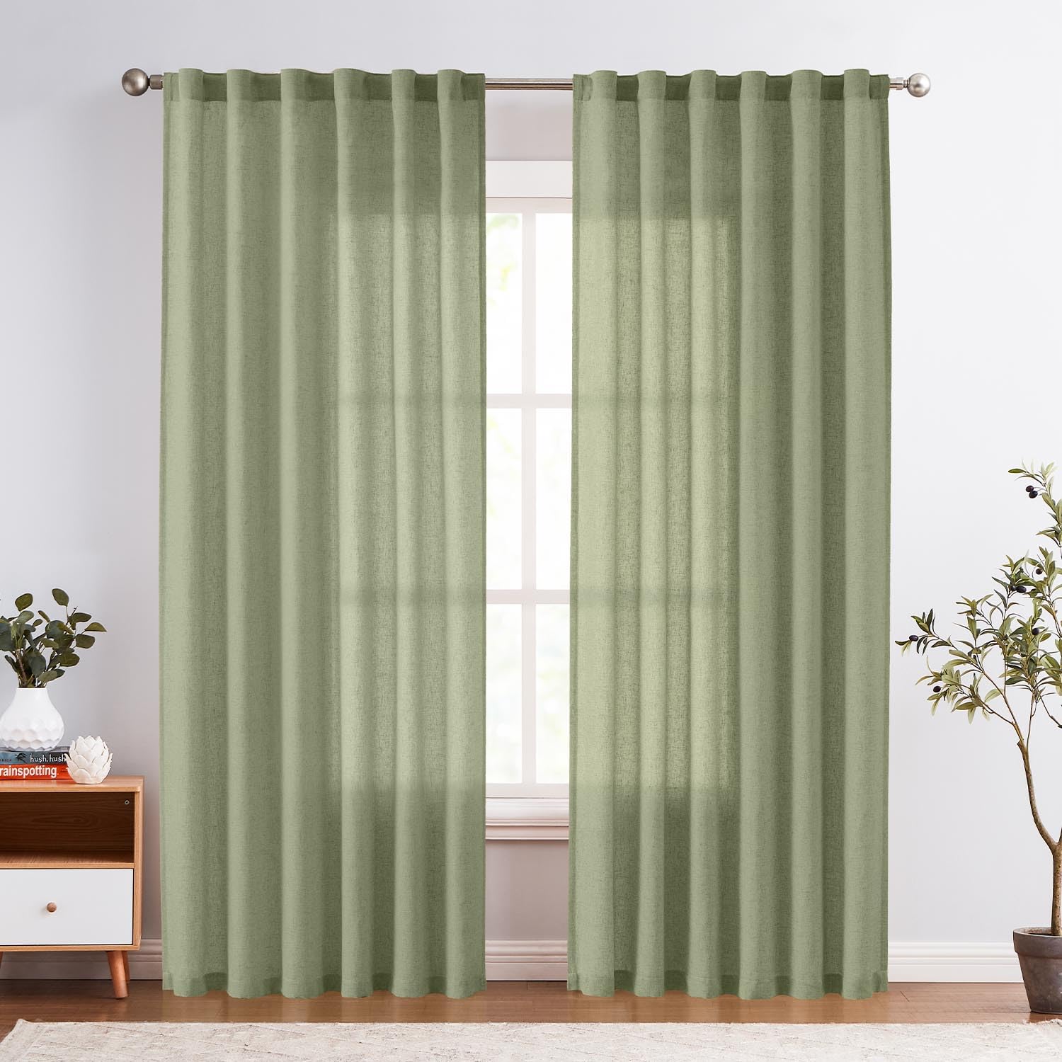 Jinchan Linen Blend Curtains 84 Inches Long For Living Room Farmhouse Rod Pocket Back Tab Light Filtering Window Drapes For Bedroom Curtains Sage Green 2 Panels
