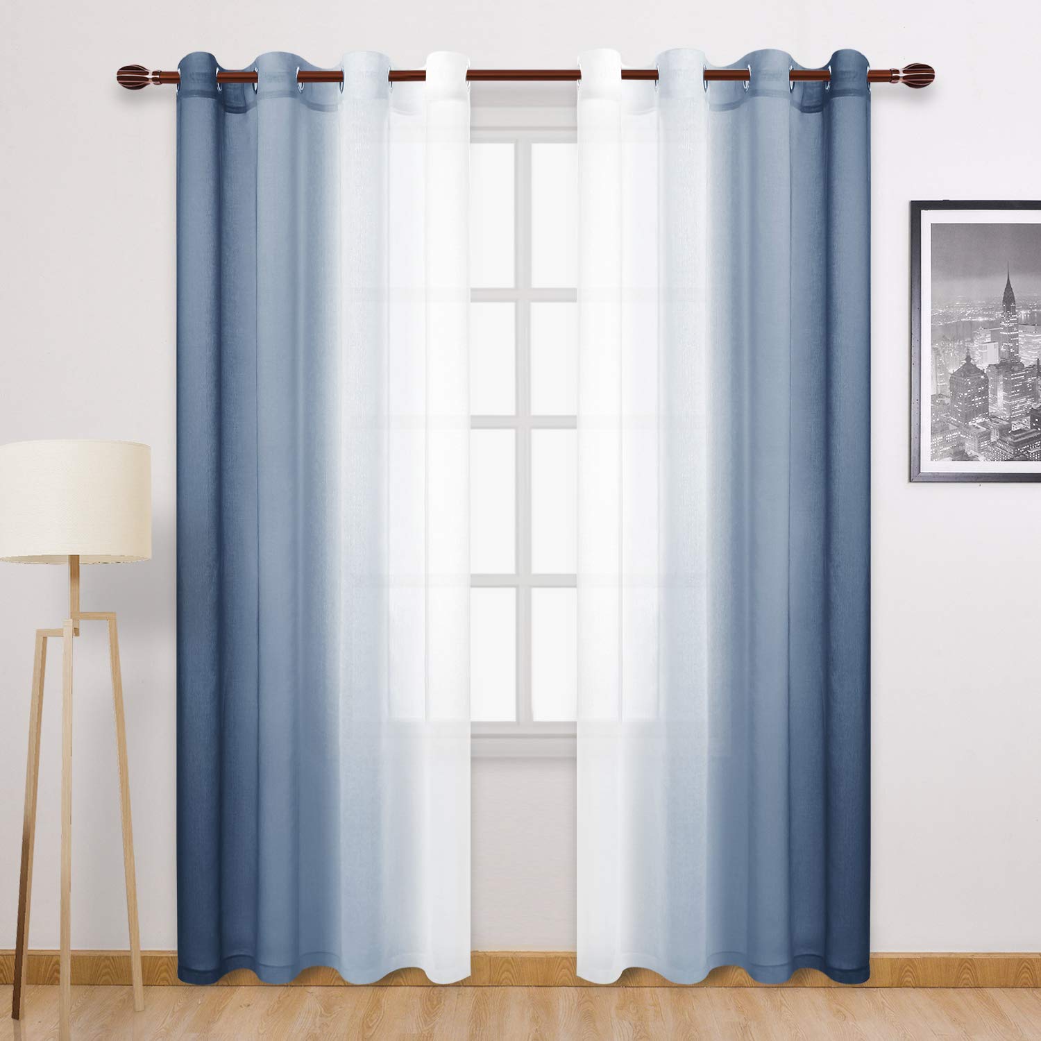 Dwcn Blue Linen Ombre Sheer Curtains - Semi Voile Gradient Grommet Top Curtains For Bedroom And Living Room, Set Of 2 Window Cur
