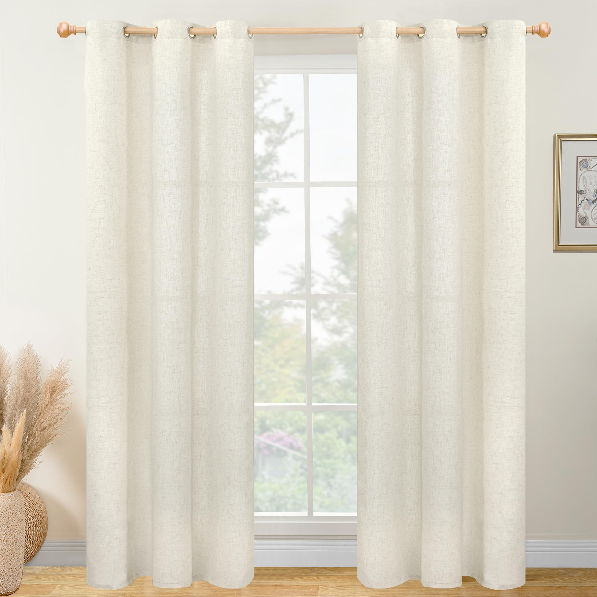YoungsTex Natural Linen Curtains 84 Inches Length Grommet Long Light Filtering Linen Window Drapes for Living Room Bedroom, 2 Pa