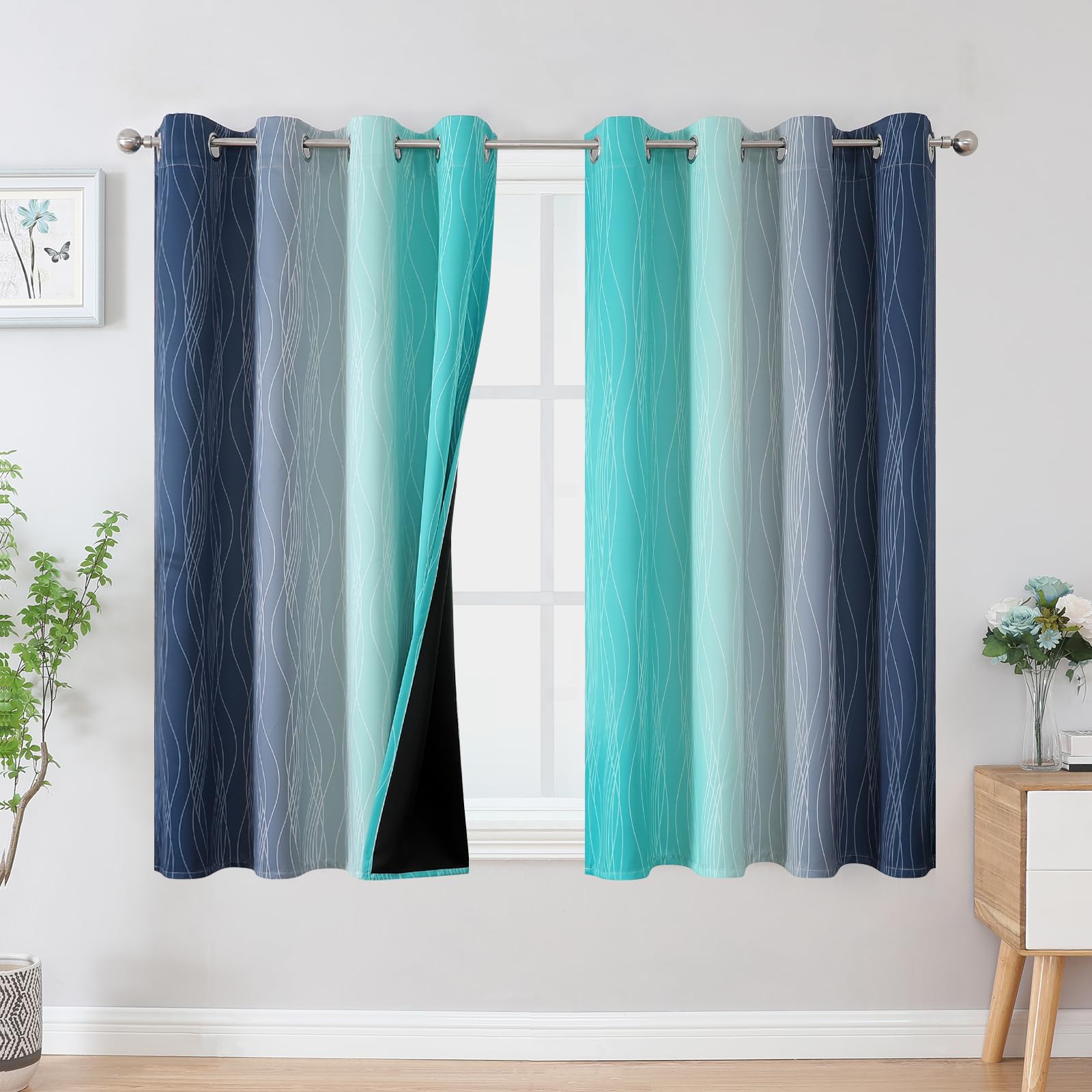 Estelar Textiler Navy Blue And Teal Blackout Curtains 54 Inch Length, Full Light Blocking Gradient Grommet Drapes For Living Roo