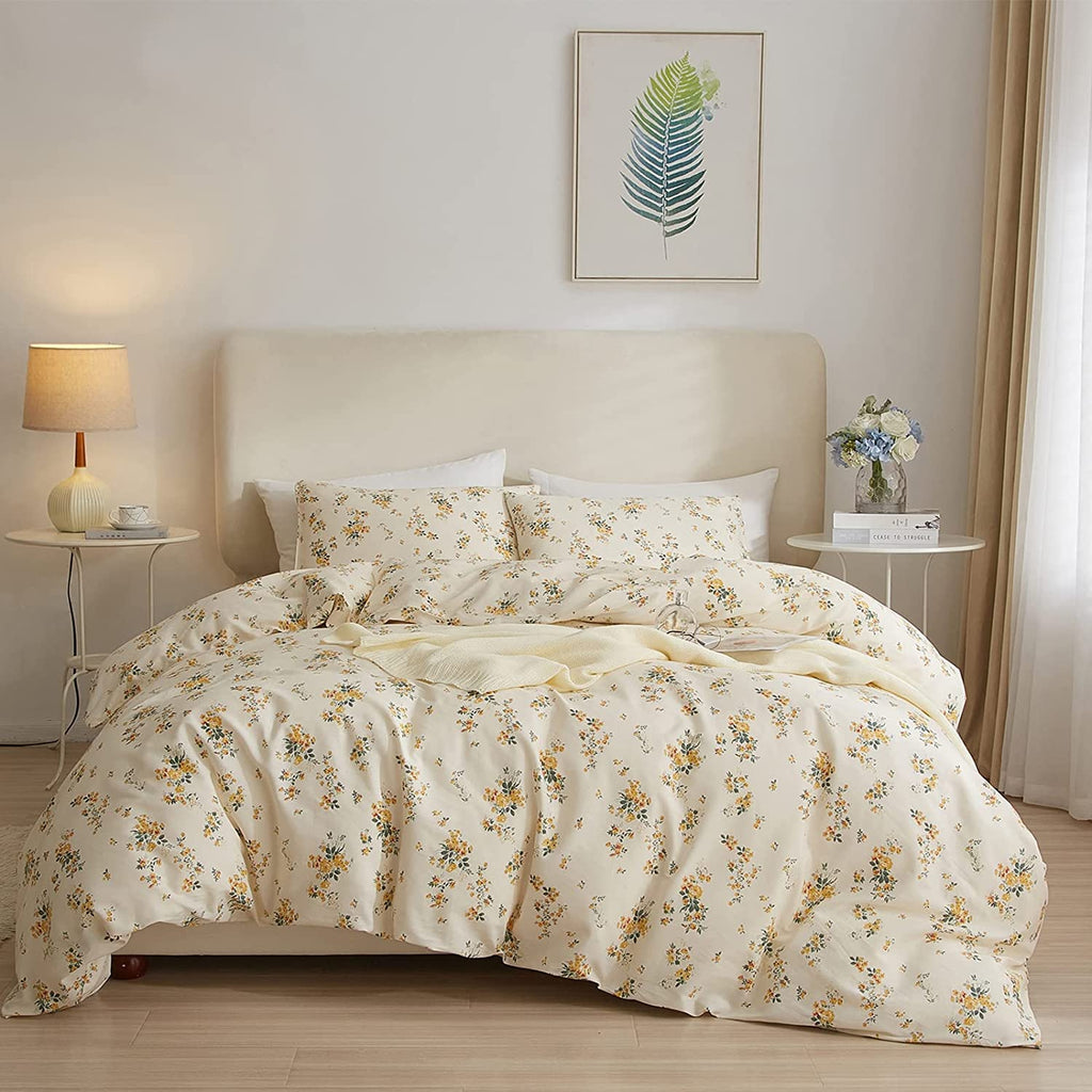 Lifetb Bed Linen Set, Queen Botanical Floral Duvet Cover Set With 2 Pillowcases, 100% Cotton, Zipper Closure, 90X90In