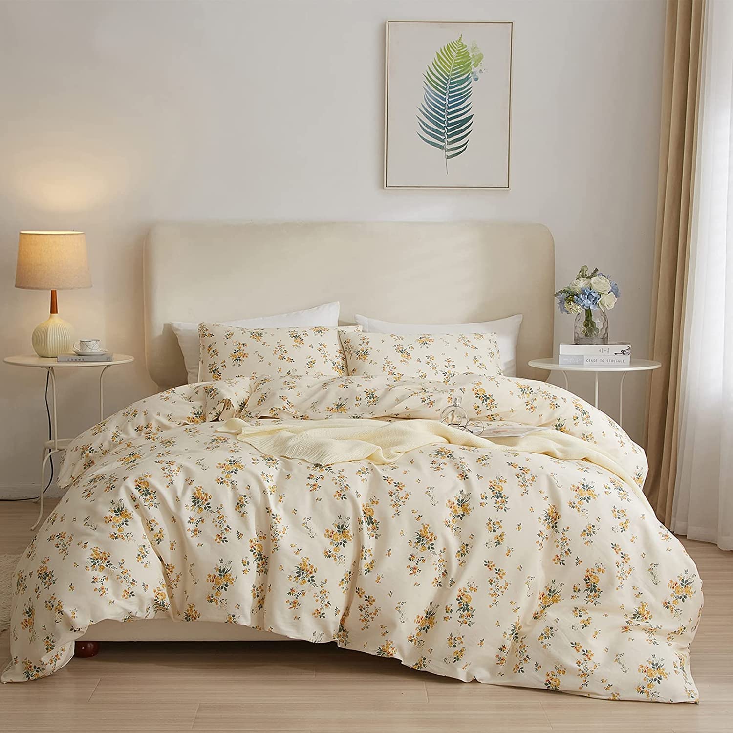 Lifetb Bed Linen Set, Queen Botanical Floral Duvet Cover Set With 2 Pillowcases, 100% Cotton, Zipper Closure, 90X90In