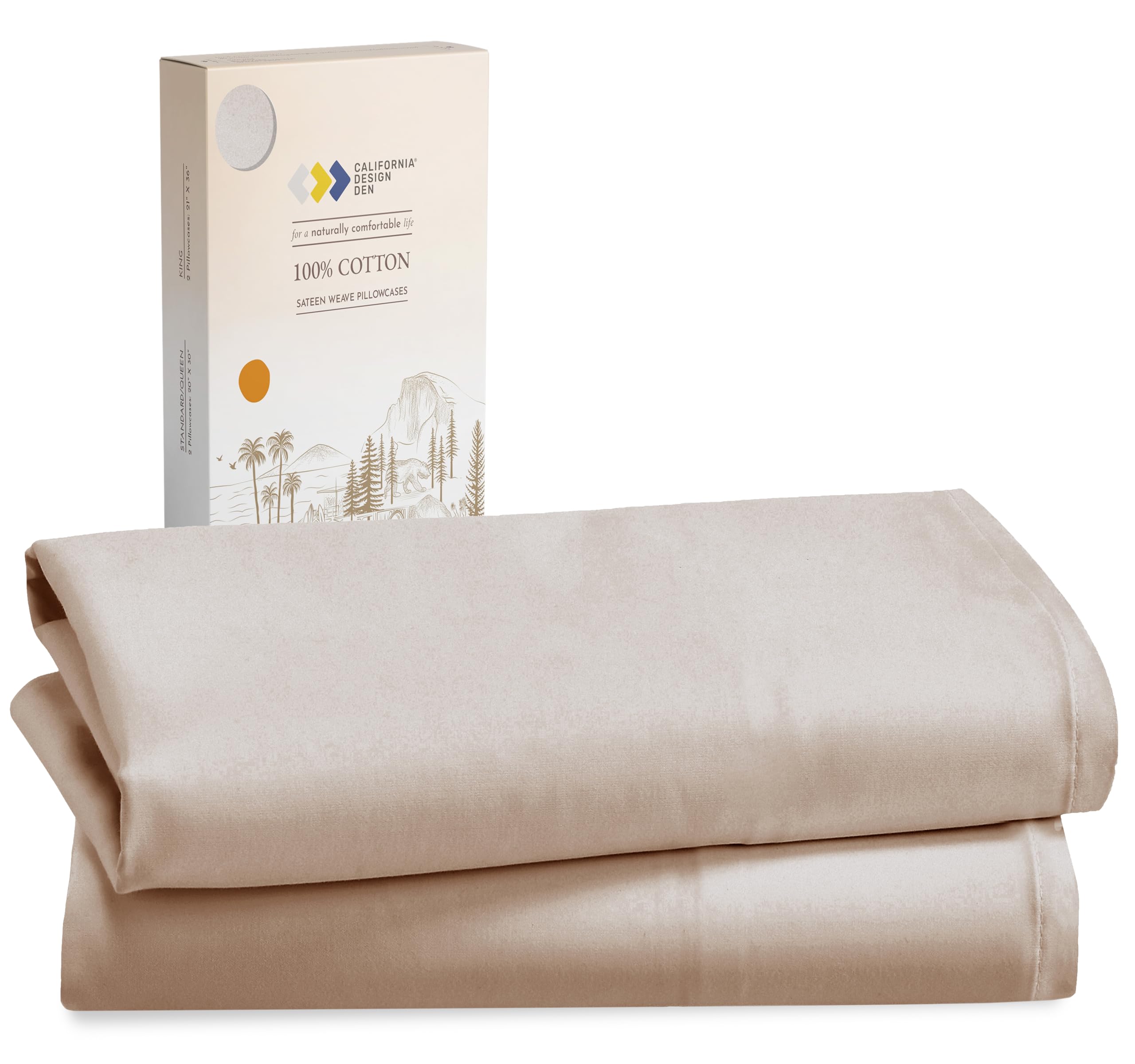 California Design Den 100% Cotton King Size Pillow Case, Set Of 2 Soft & Cooling Sateen Weave King Pillow Case (Beige)