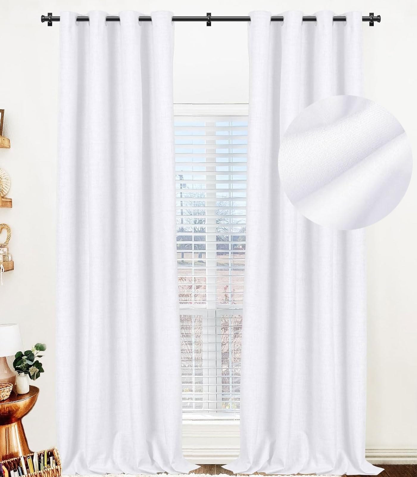 100% White Blackout Curtains 84 Inches Long,Linen Blackout Curtains 84 Inch Length 2 Panels Set,Thermal Insulated Blackout Curta