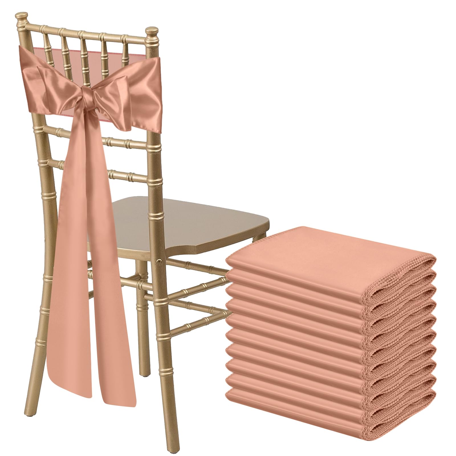 Bouiexye 10 Pcs Rose Gold Satin Chair Sashes Bows Universal Chair Ribbon Ties Back Sash For Wedding Party Reception Events Banqu