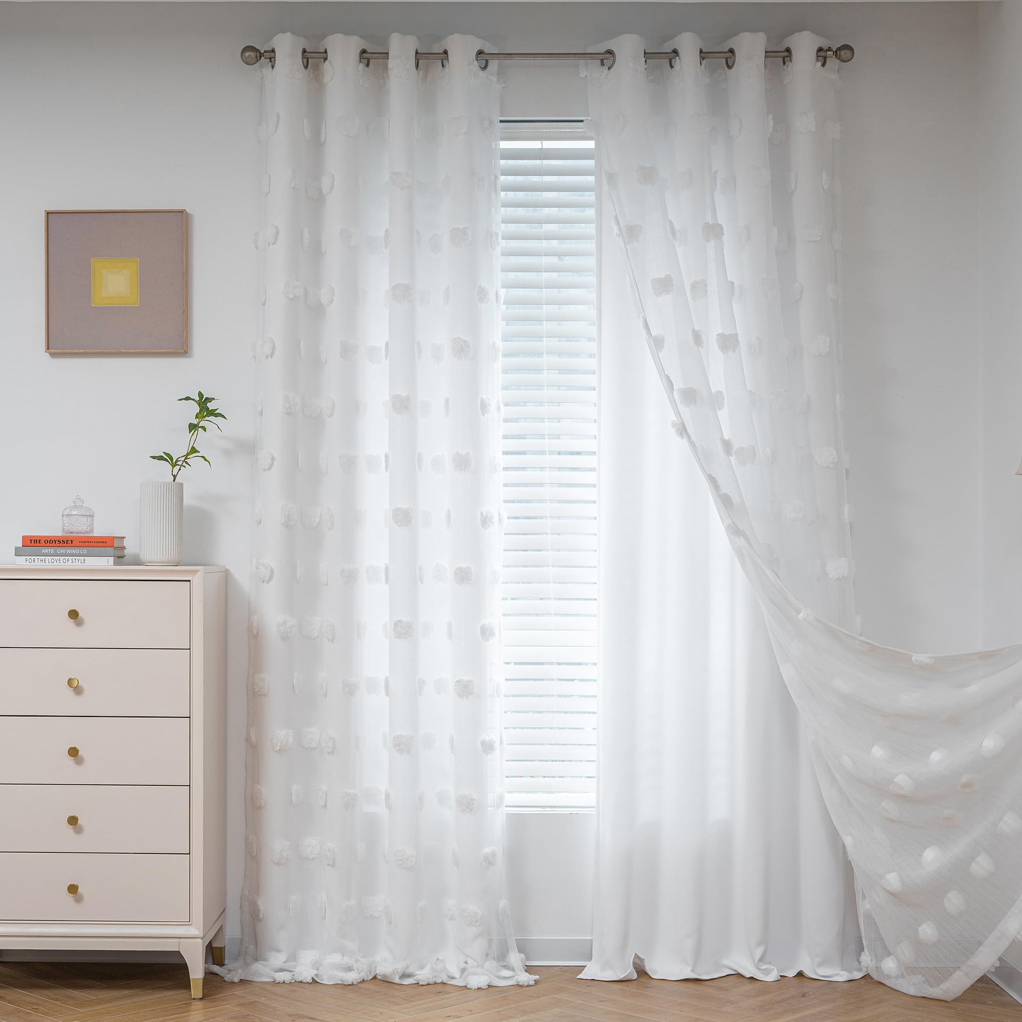Mysky Home White Curtains For Kids Room Nursery Curtains 72 Inches Long For Girls Bedroom Double Layer Curtains White Pom Pom Sh