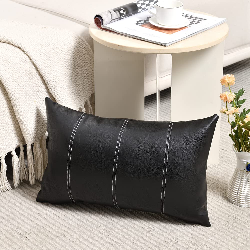 Fancy Homi 2 Packs Black Lumbar Faux Leather Decorative Throw Pillow Covers 12X20 Inch For Living Room Couch Bed Sofa, Boho Farm