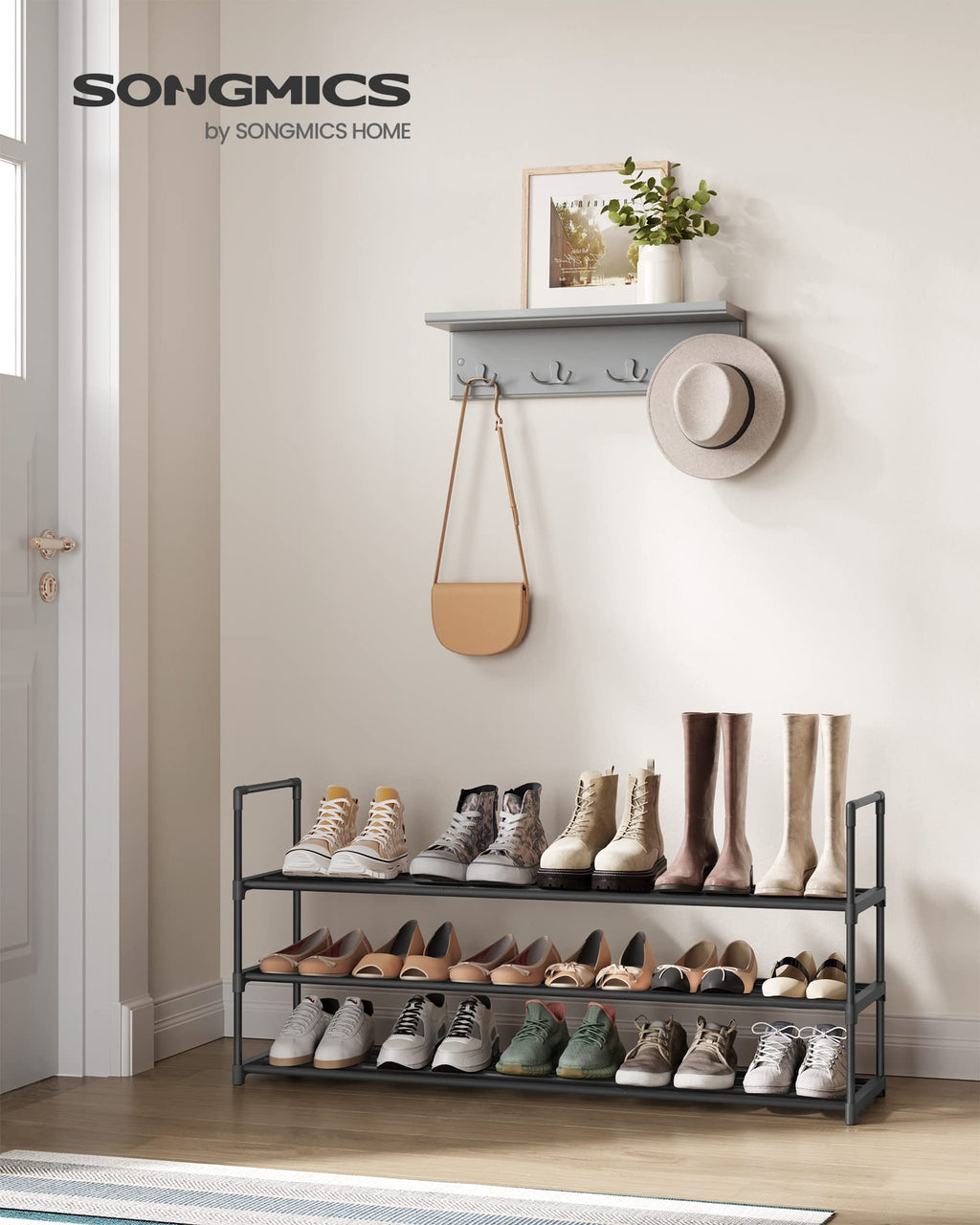 Songmics Shoe Rack, 3-Tier Shoe Organizer, Metal Storage Shelf, Upright Or Upside Down, For 20-24 Pairs, Stackable, For Entryway, 11.8 X 46.1 X 21.7 Inches, Black Ulsa033B01