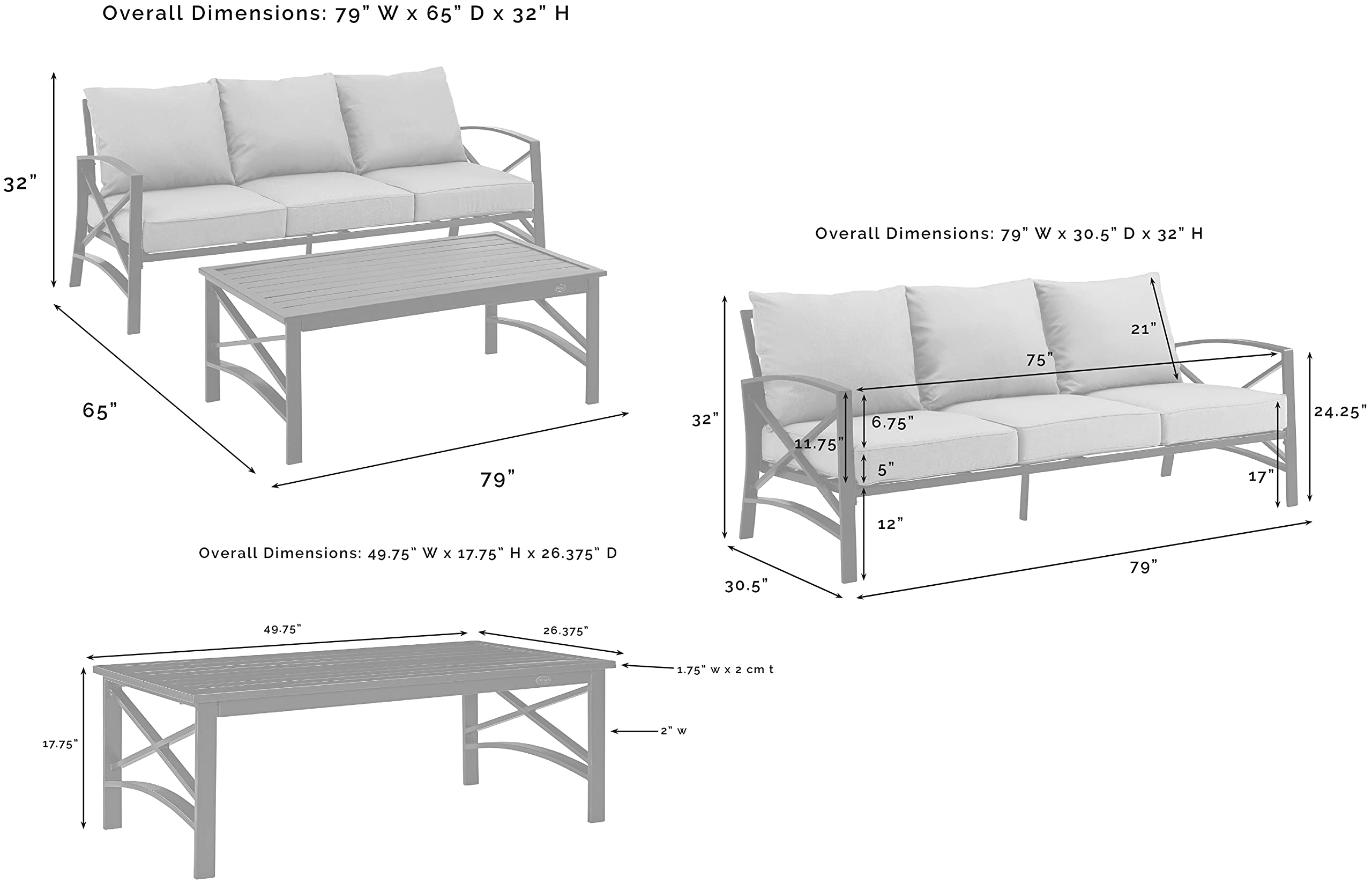 Crosley Furniture Kaplan 2-Piece Outdoor Sofa Patio Furniture Set, Conversation Sets For Porch, Deck, Oiled Bronze With Mist Cushions