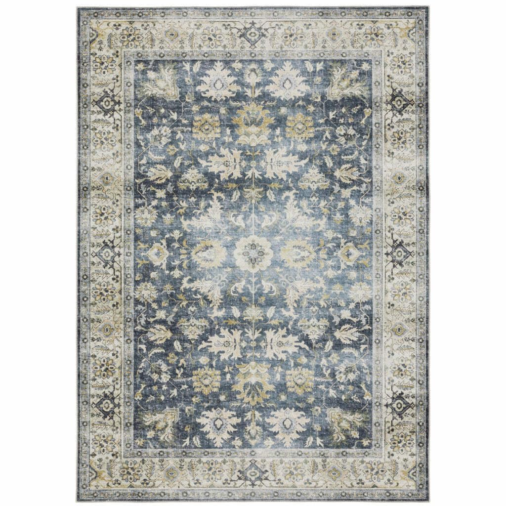 HomeRoots 510400 7 x 10 ft. Blue Gold Green & Ivory Oriental Printed Stain Resistant Non Skid Rectangle Area Rug