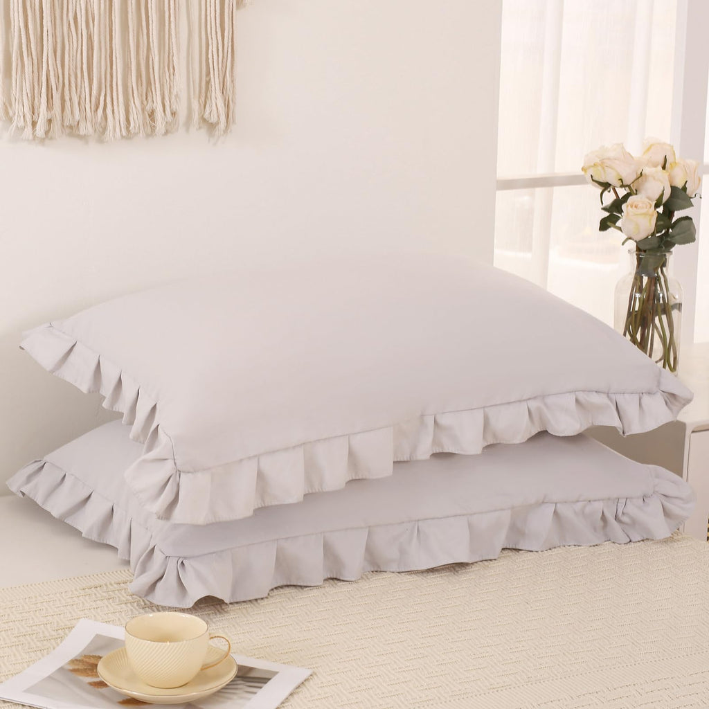 Beige Gray Pillow Shams Cute Ruffle Standard Pillowcases Solid Pillow Cover Set Of 2 Shabby Chic Soft Light Gray Pillowcases 2 P