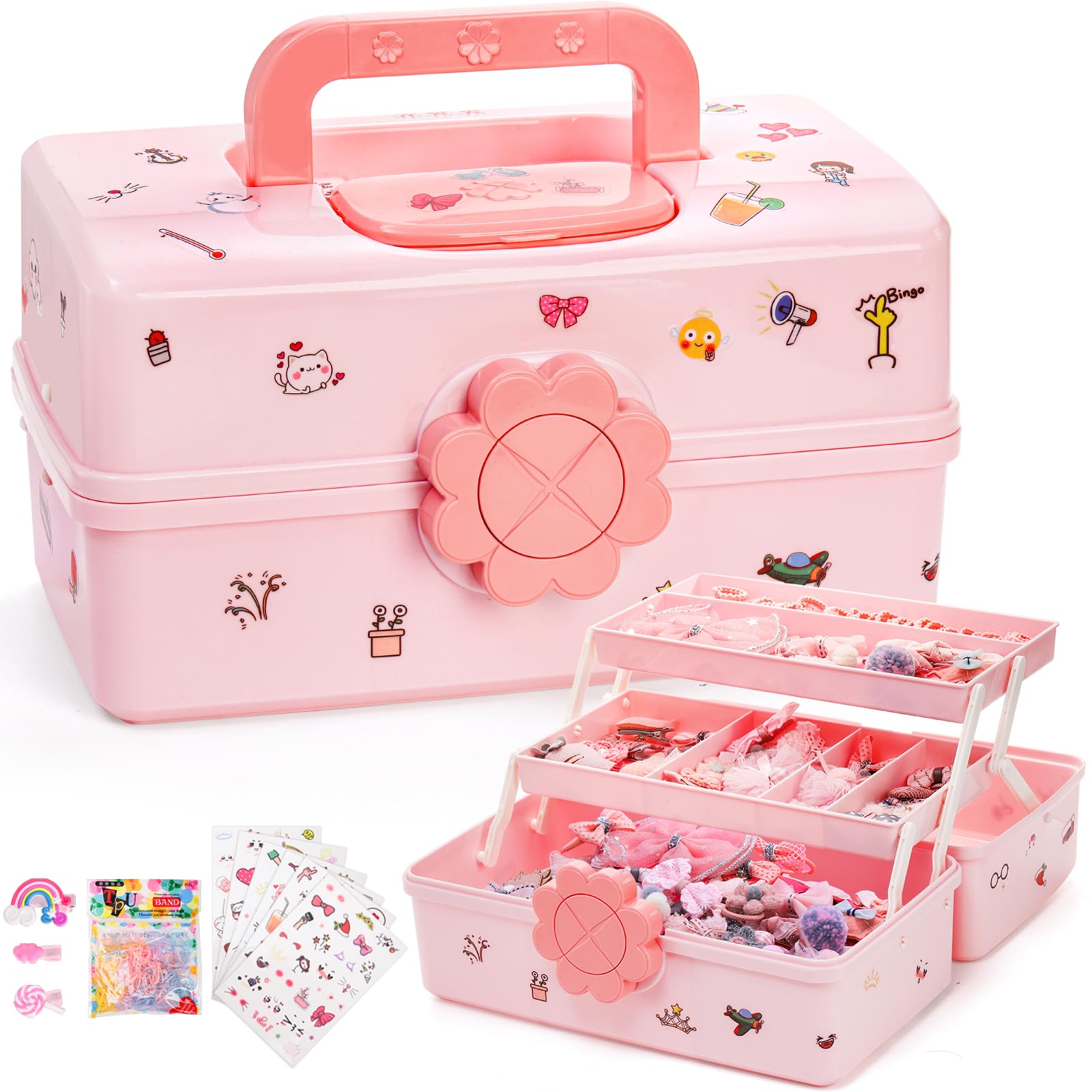 Zoofox Cute Hair Accessories Organizer For Girls, 3-Layers Pink Craft Storage Container With Handle, Lockable Storage Box For Ha