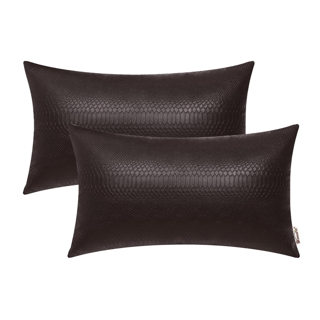 BRAWARM Brown Leather Throw Pillows 12 X 20 Inches, Snake Leather Pillow Covers Pack of 2, Faux Leather Decorative Lumbar Pillow