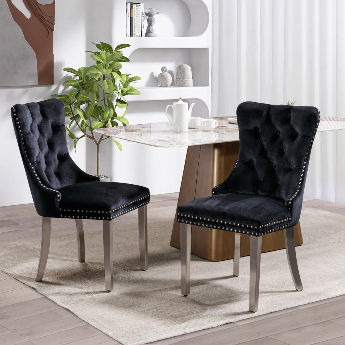 Soarflash Velvet Dining Chair Set Of 2, Upholstered Tufted Dining Room Chair With Nailhead Trim, Solid Silver Plated Leg For Kit