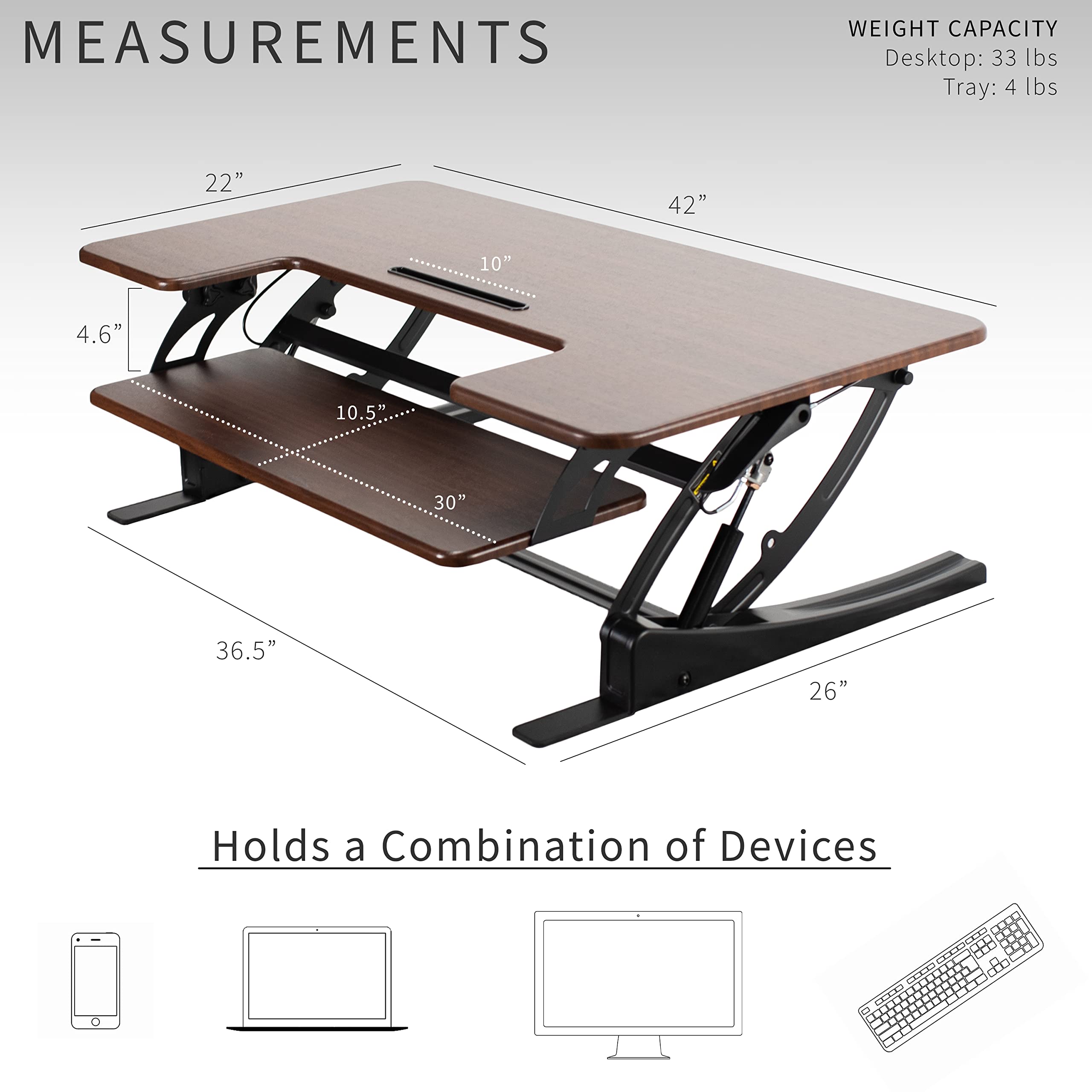 Vivo 42 Inch Height Adjustable Stand Up Desk Converter, V Series, Quick Sit To Stand Tabletop Dual Monitor Riser Workstation, Dark Walnut Top, Black Frame, Desk-V000Vld