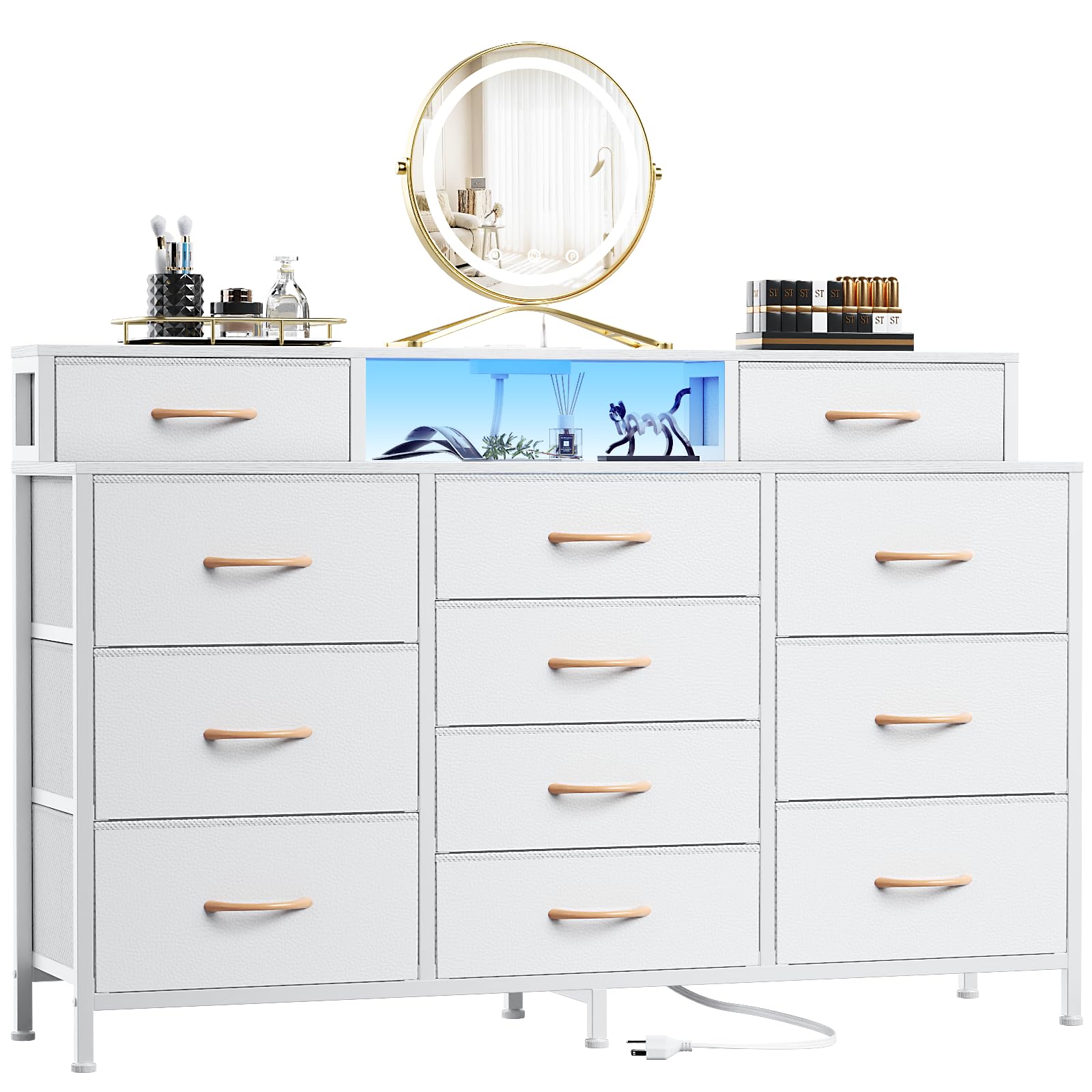 Furnulem White Dresser For Bedroom With Led Lights & Charging Station,55 ' Long Dressers & Chest Of Drawers With 12 Storage Bin
