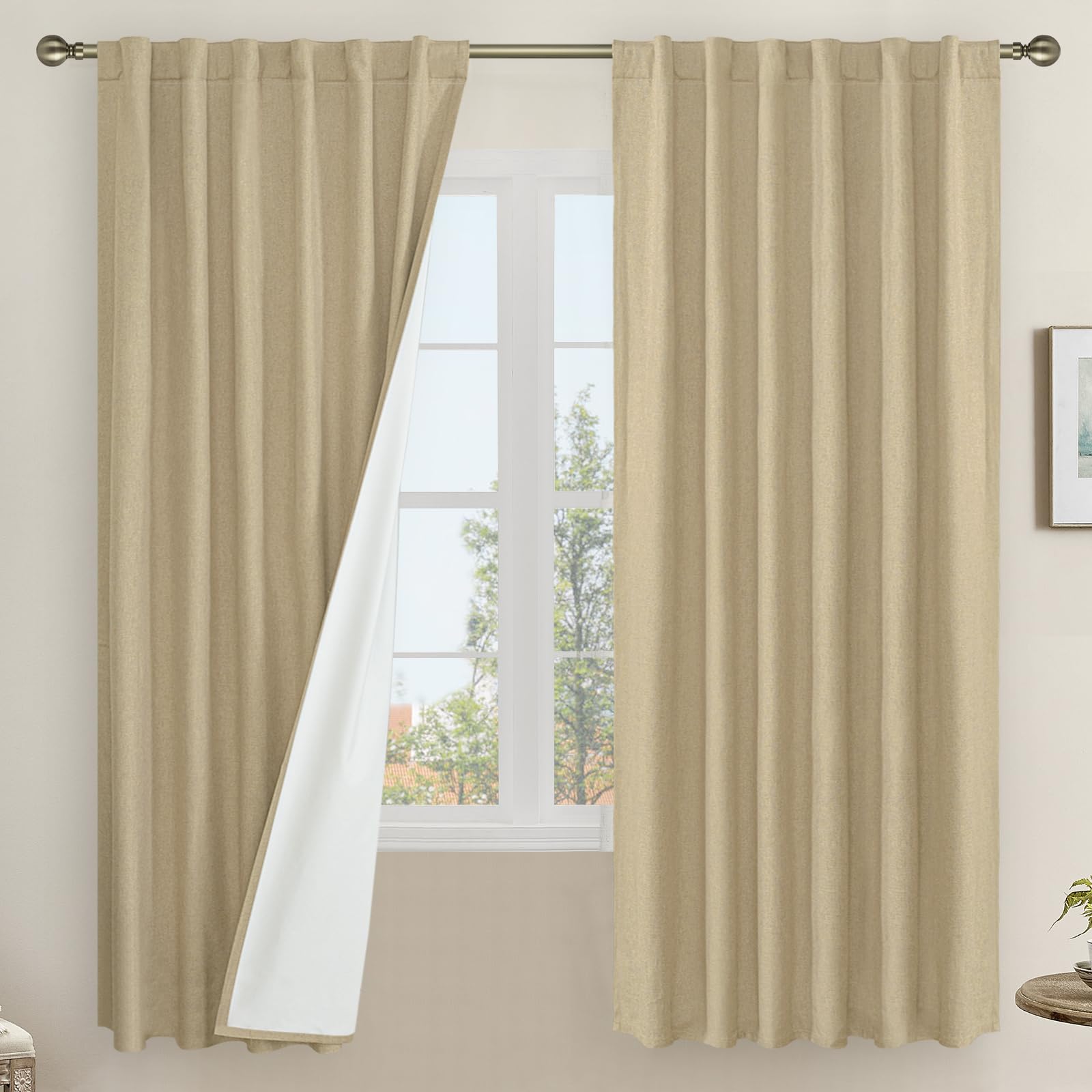 Lamit Natural 100% Blackout Linen Curtains, 63 Inches Linen Textured Thermal Bedroom Curtains Back Tab And Rod Pocket Burlap Pan