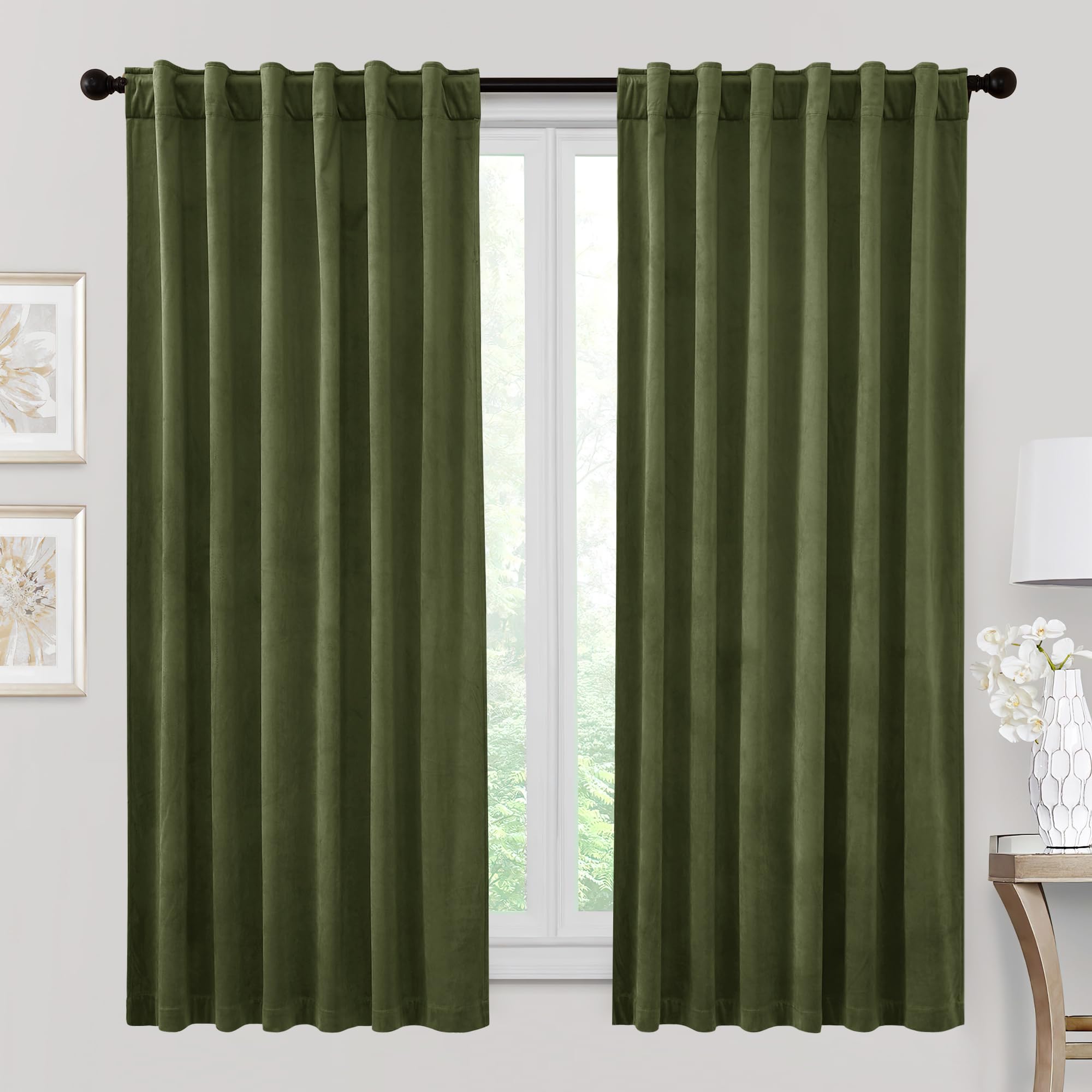 Ryb Home Velvet Curtains 72 Inches Length, Back Tab & Rod Pocket Soft Fabric Curtains & Drapes For Home Office Attic Cafe Basement, Olive Green, W 52 X L 72, 2 Panels Set