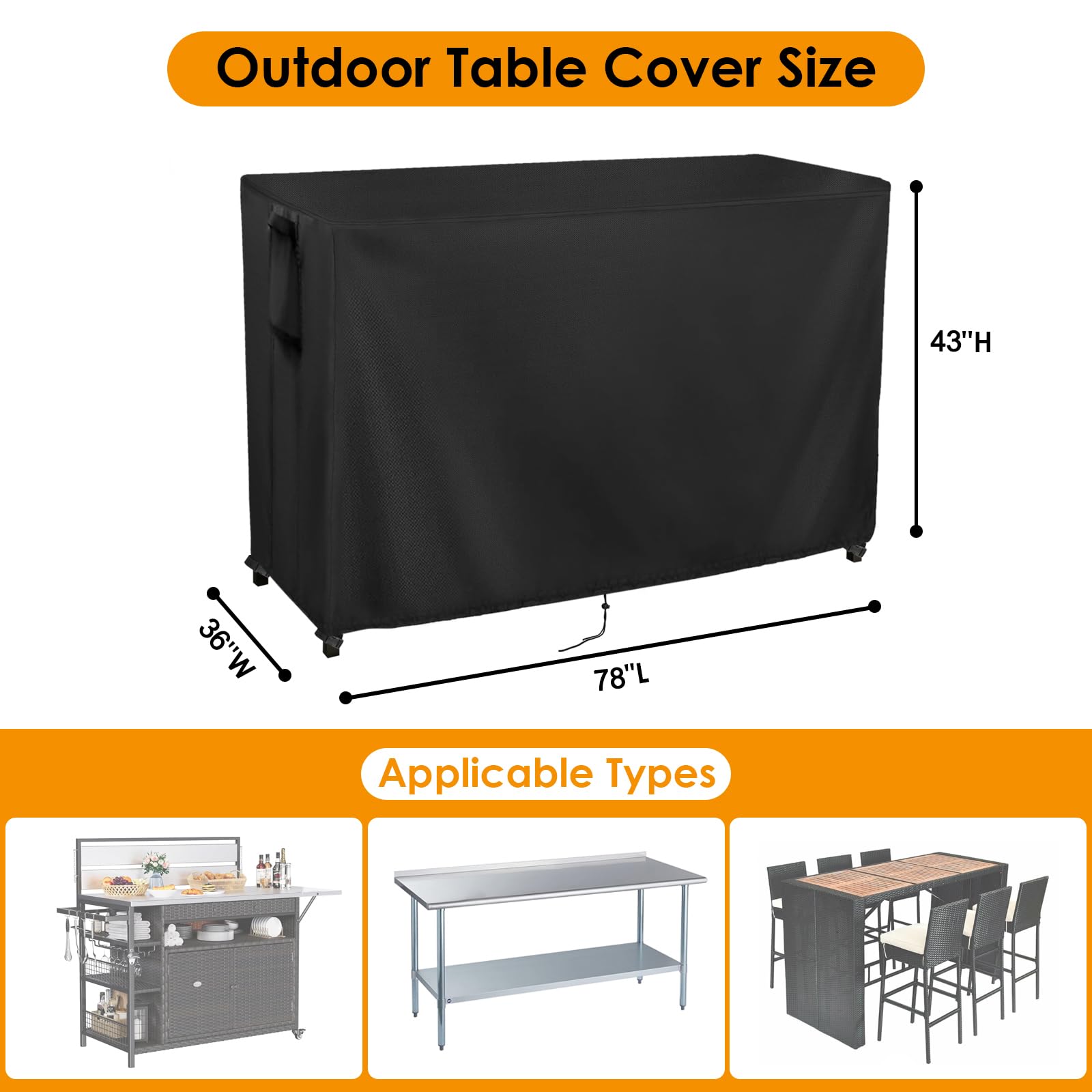 Kingling 78 Outdoor Table Cover - Waterproof Black Patio Bar Table Cover for Outdoor Bar Prep Table, 36W x 43H
