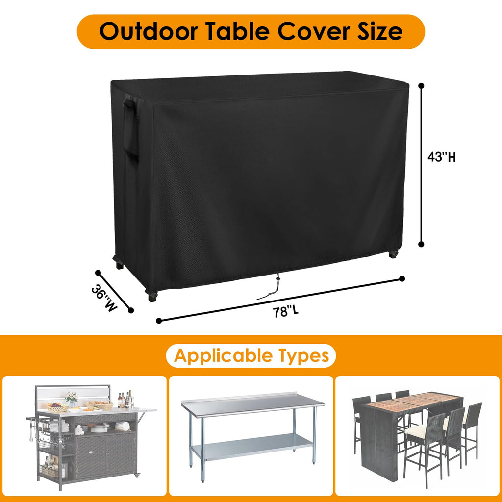 Kingling 78 Outdoor Table Cover - Waterproof Black Patio Bar Table Cover for Outdoor Bar Prep Table, 36W x 43H