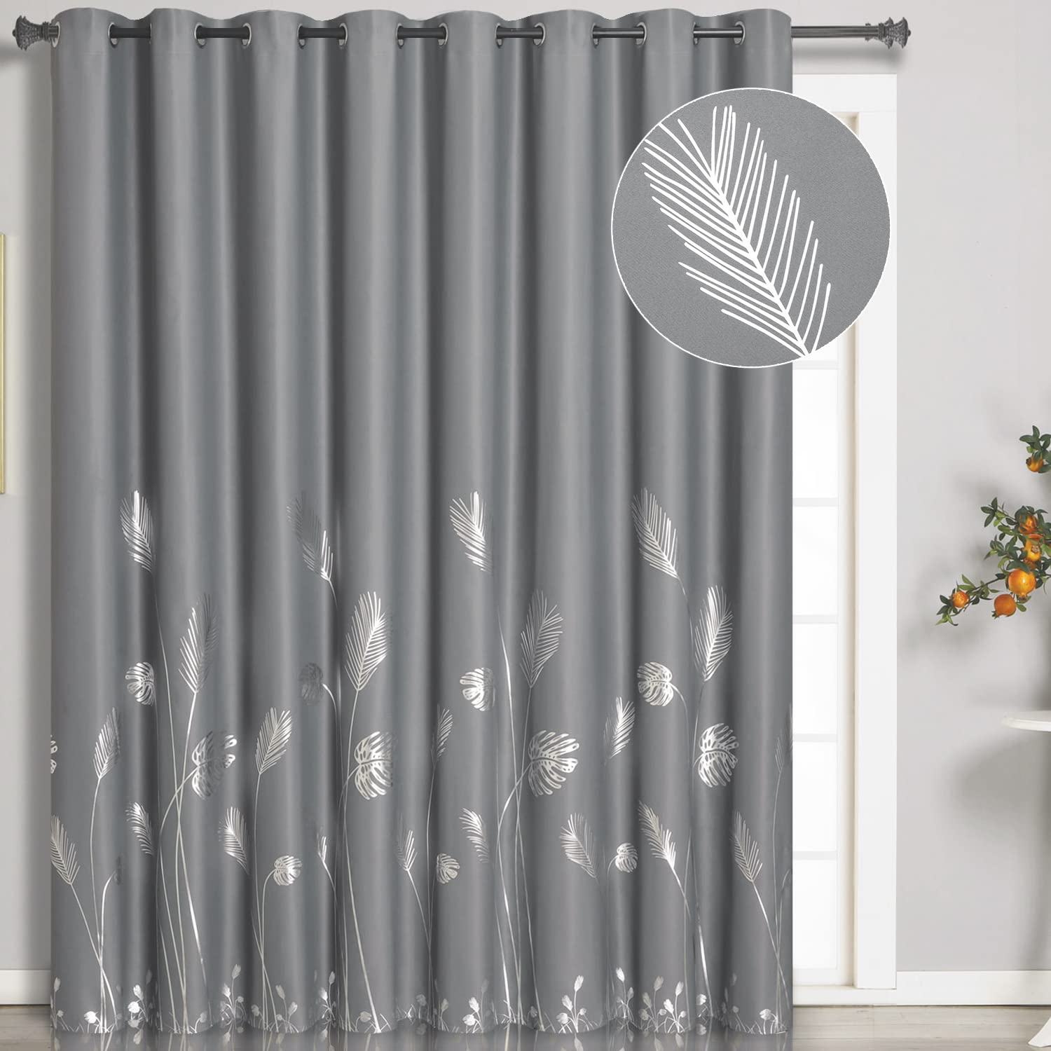 Estelar Textiler Grey Blackout Curtain For Dining Room 100W X 84L Inch Silver Palm Print Window Curtain 84 Inches Length Thermal