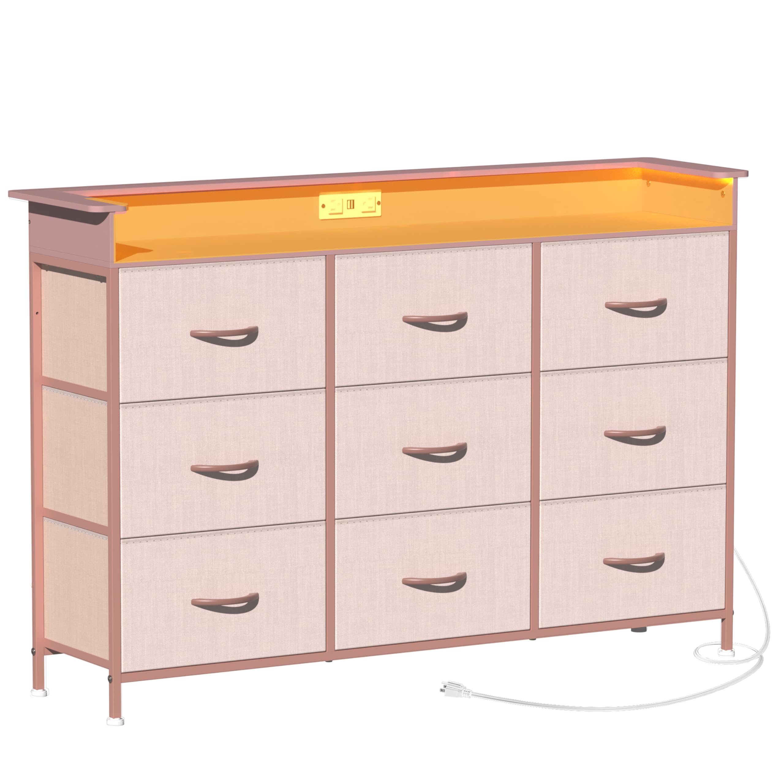Exotica Pink Dresser With Led Light For Girls Bedroom 9 Drawer Dressers With Charging Station Chests Of Drawers For Living Room Entryway Closet Hallway Sturdy Steel Frame Wooden Top Easy Pull Handle