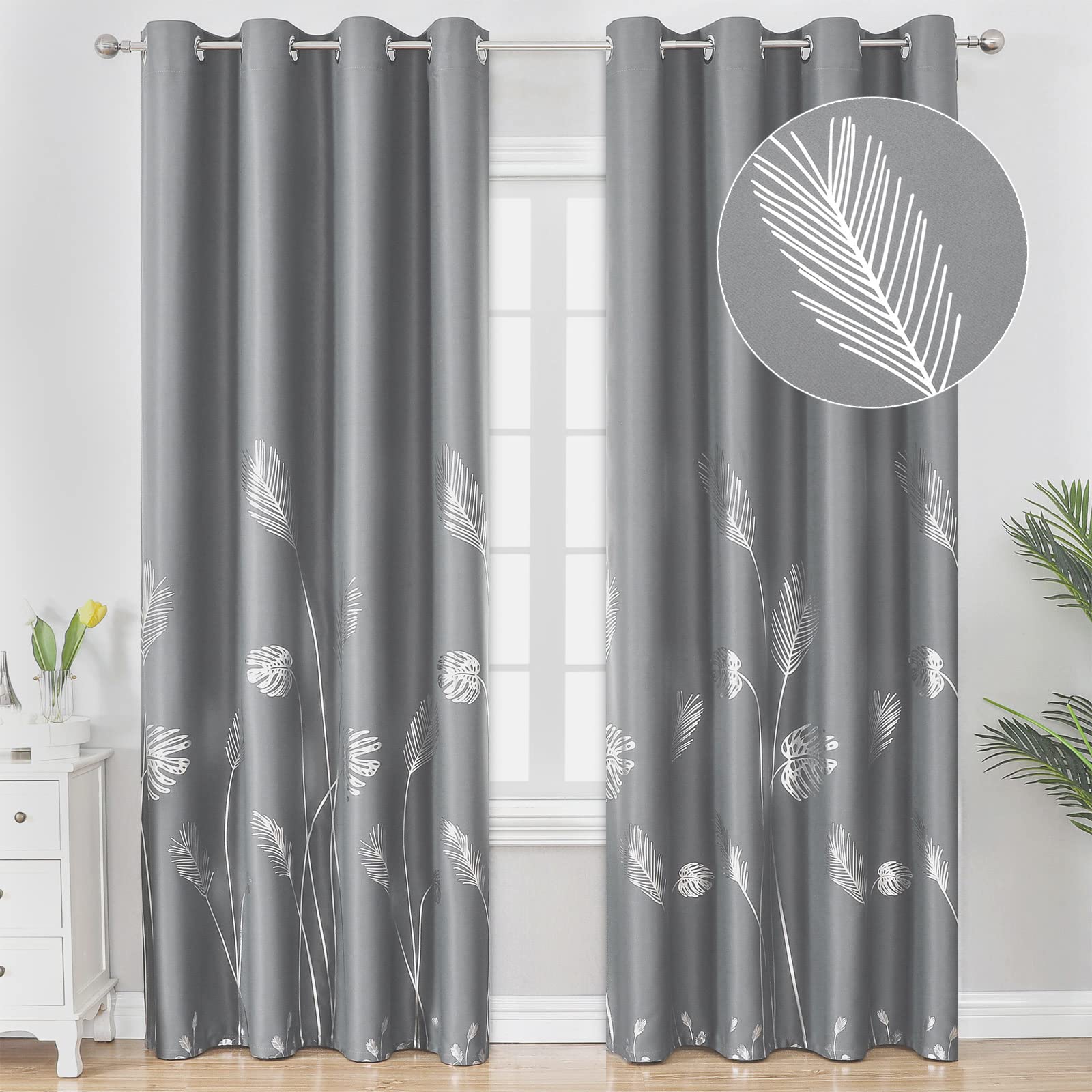 Estelar Textiler Grey And Silver Blackout Curtains 2 Panels Window Curtain Panels With Palm Tree Pattern Light Blocking Curtains